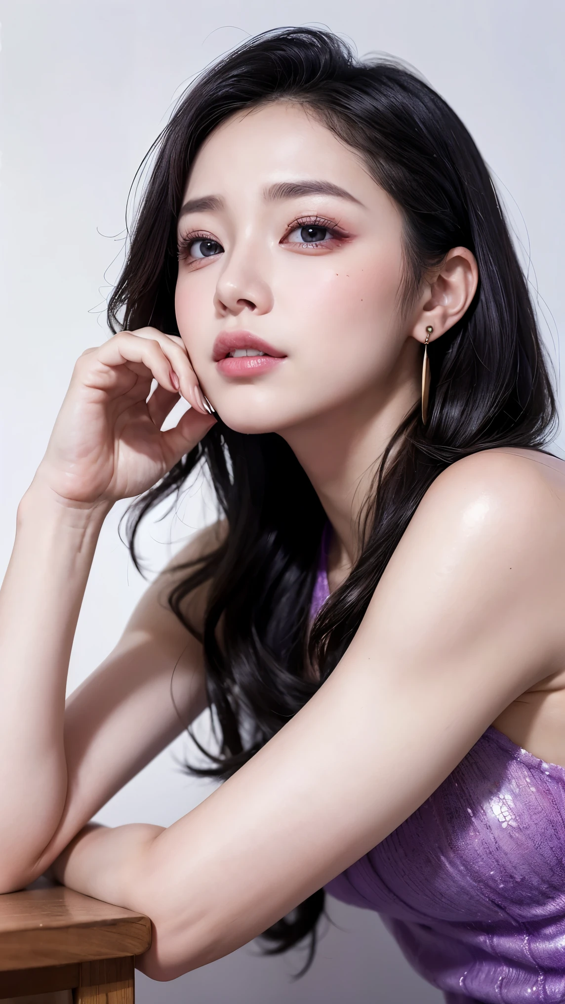 photo shoot, masterpiece,  best quality, 8k,  high definition ,  high definition ,  absurd:1.2,  Kodak Portra 400, film grain, Blurred Background, Bokeh:1.2,  lens flare , ( bright color :1.2), 1 girl,  purple eyes,  Movie Lighting、Purple and black hair  、Female CEO、(Whitening:1.5),(clear)、( earrings for a woman alone、たくさんの earrings for a woman alone)、((Heavy makeup、,  Glowing Skin 、  realistic skin texture  、Beautiful Skin))、  Blue Movie Picture  、( full shot :1.8),Thin arms、Narrow shoulders、 thin waist、Slender body、(( small breasts)),(President&#39;s Office:1.3)