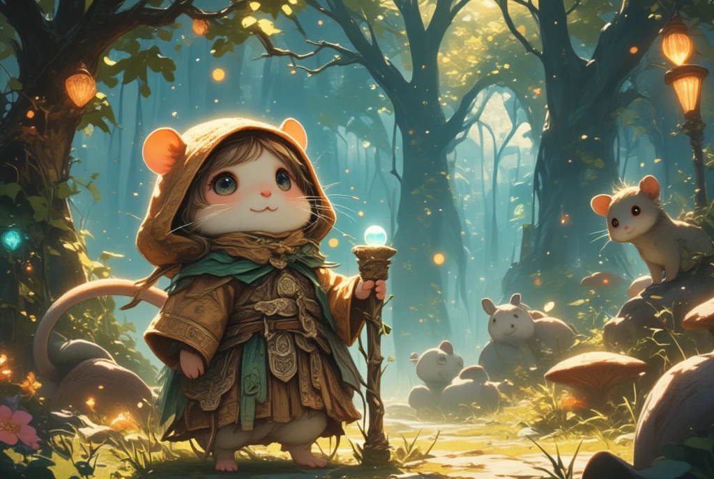 Transport yourself to a lush, enchanted forest hidden in the heart of a fantasy realm, where the ultra-cute hamster dressed in sage attire embarks on a magical journey. The hamster is cloaked in earthen-toned robes that blend seamlessly with the natural majesty around it, intricately woven with patterns of vines and leaves that seem almost alive. In tiny paws, it holds a staff crafted from a delicate willow branch, crowned with a small glistening orb that collects the moonlight filtering through the cathedral of towering trees. The festive scene is set within a clearing where creatures of folklore gather—elves, fairies, and mystical animals joining in celebration. The air is filled with the fragrance of blooming flowers and the sweet, earthy aroma of moss. Luminescent fungi provide a soft, enchanting glow, and ethereal melodies from fae instruments create an otherworldly symphony that enchants every soul present. Around the clearing, intricate rune stones subtly pulse with magic, contributing to the magical ambience. The captivating mystery and serenity of this woodland wonderland are perfectly encapsulated by the wise little hamster exploring its secrets.