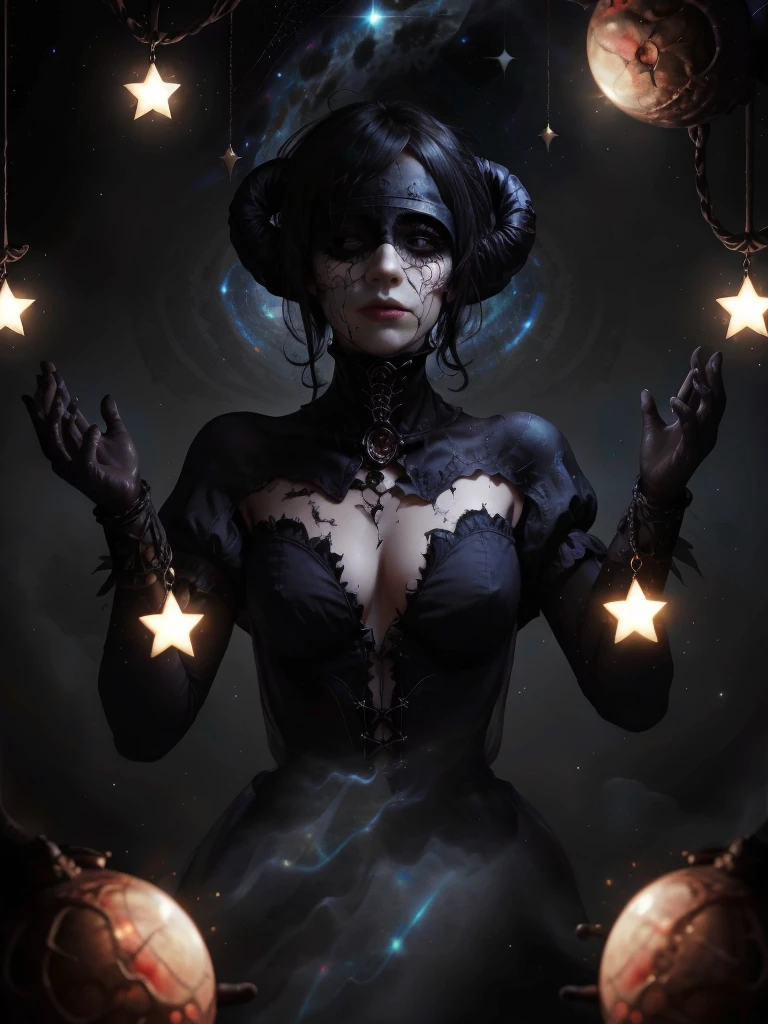 lump of darkness, a cosmic art, abstract lovecraftian artstyle, abyss a woman with stars all over her face, marc brunet, black blindfold, gilded, the void people, breathtaking stars, dressed in black, covered head, with a star - chart, wearing dark silk, vertical eyes, blindfolded, her gaze is downcast