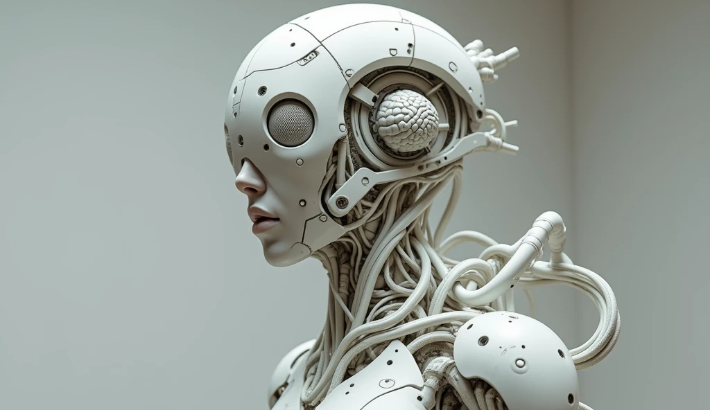 (masterpiece, top quality, Best Quality, official art, beautiful and aesthetic:1.2), (1 girl), Upper part of the body,extremely detailed,(fractal art:1.3),showy,more detailed,((ultra detailed)), (highly detailed CG illustration), ((an extremely delicate and beautiful)),(from the front),cinematic light,((1 girl mecanica)),Alone,Whole body,(machine made gaskets:1.2),((mechanical limbs)),(Blood vessels connected to tubes.),(mechanical vertebra attached to the back),((mechanical cervical fixation to the neck)),((dark white and light white,hollow body)),((pure white))