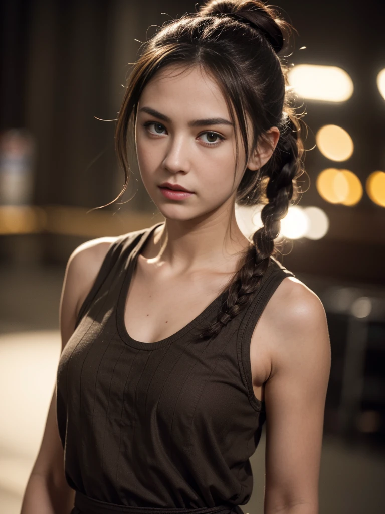 (RAW Photos:1.12), Highest quality, [masterpiece:1.16], Very detailed, finely, Highest quality, 8k wallpaper,  (Realistic: 1.14), Cinema Lighting, standing, waist up pose , Beautiful detailed girl, Cute Face, Dark brown braid hair, hair bun