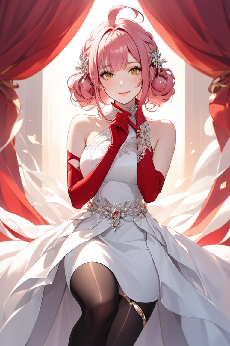 A formal portrait of a singular character, a young woman with striking pink hair styled with bangs and an ahoge. She is wearing an elegant white dress that showcases her bare shoulders and features a thigh strap. Her large breasts are accentuated by the dress's design, and she pairs it with black thigh-high stockings and vibrant red gloves. The character is looking directly at the viewer with a playful smile, her yellow eyes sparkling with mischief. A hair ornament adds a touch of sophistication to her hairstyle, which has multicolored highlights. One hand is raised to her lips in a coy gesture, enhancing the allure of the image. The overall composition should convey a sense of charm and elegance.