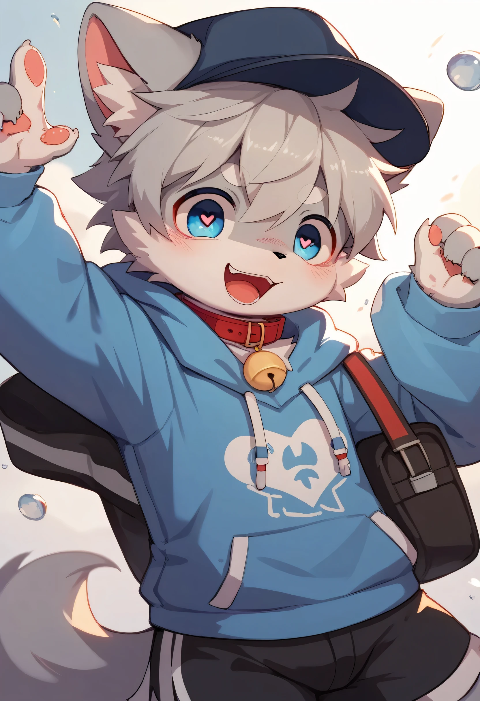 very detailedな, very detailed, gray fur, Gray Hair, Age 15,m ale, excited, heart eyes, participate, Red collar, cute face, flu ffy fur, Horny boy, Cheeky, blue hat, flying, blush nose, is e mbarrassing, ahe face, R18, black shorts, sweatshirt, Long Sleeve, trend