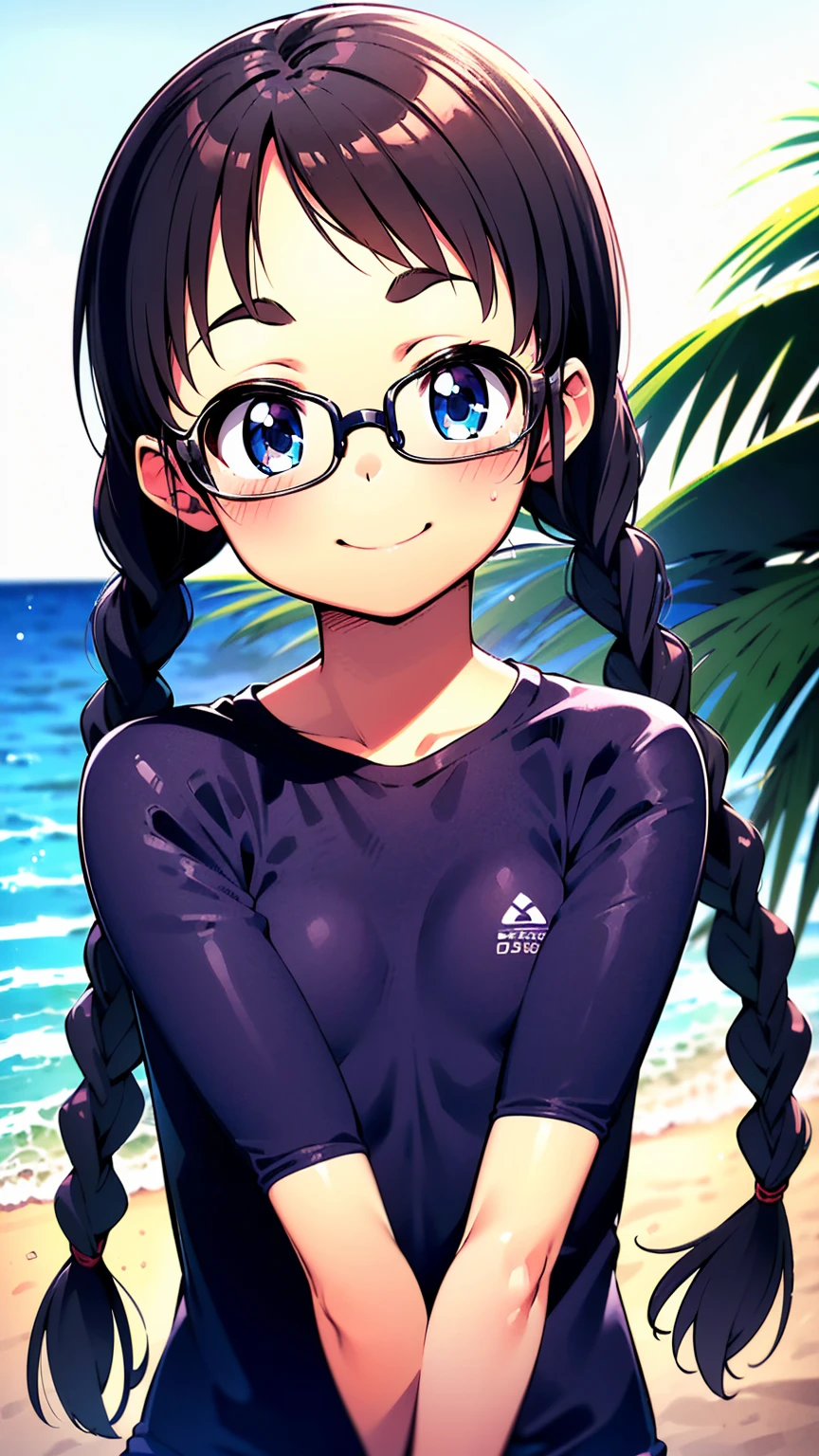 highest quality、Realistic、female、zoom、Chestnut Hair、Blue Eyes、short hair、athlete、muscle、Swimwear、athlete、muscle、Abdominal muscles、Glasses、Sunburned、Tan、Brown Skin、From below、smile、Ocean、Looking down、、Small breasts、Bust Shot、　