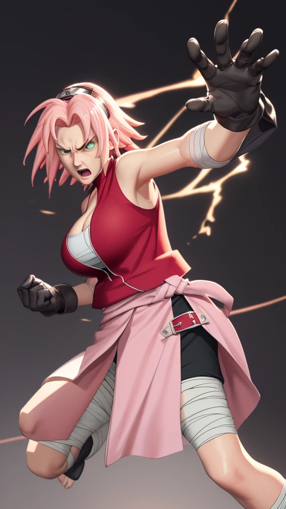 (（（figure，御姐figure,White and tender skin,（（（Sakura Shippuden, red jacket, bandaged leg, skirt, black short, sleeveless, black gloves, ）））,(（（Sasuke Boruto，sakura warshippuden, green eyes， bangs,Pink short hair））),，((masterpiece)), highres icon,((Best quality at best)),masterpiece,quality,Best quality,(（（  to the audience,Light in the eyes，angry，Getting angry）））， huge ,Cleavage，）））