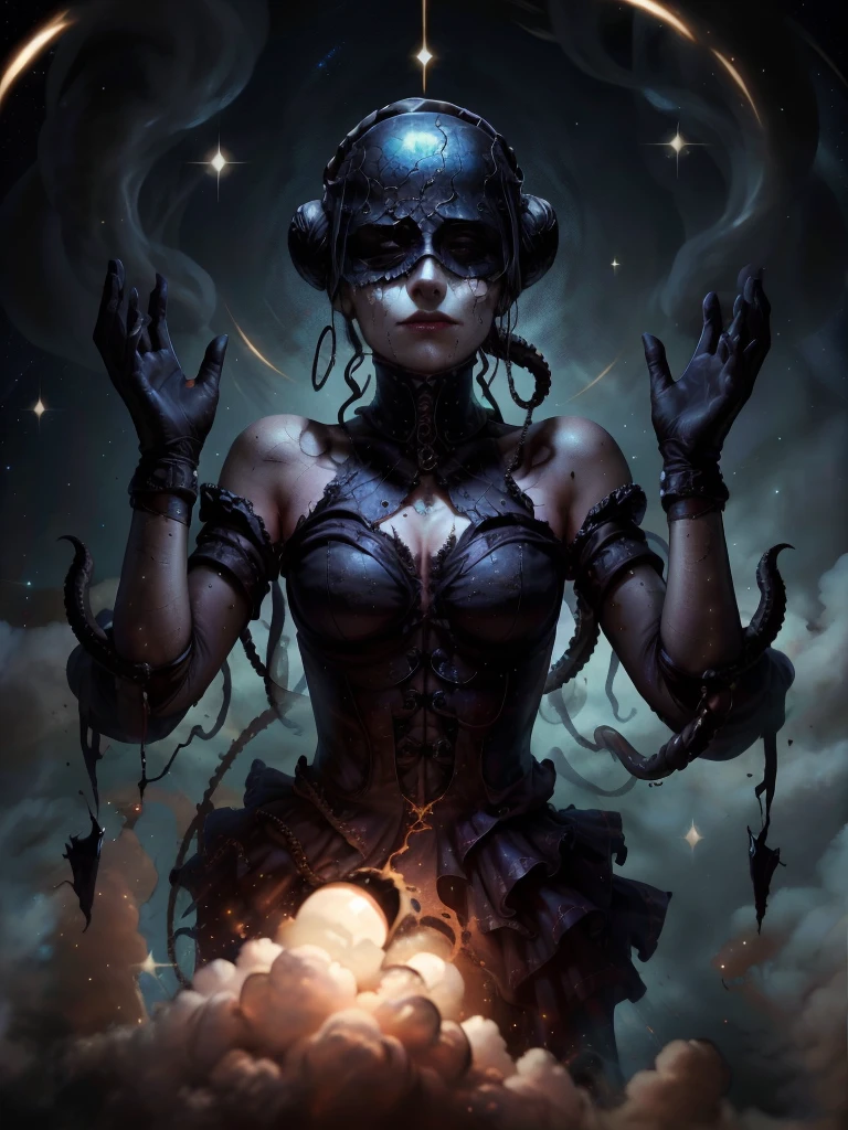 lump of darkness, a cosmic art, abstract lovecraftian artstyle, abyss a woman with stars all over her face, marc brunet, black blindfold, gilded, the void people, breathtaking stars, dressed in black, covered head, with a star - chart, wearing dark silk, vertical eyes, blindfolded, her gaze is downcast