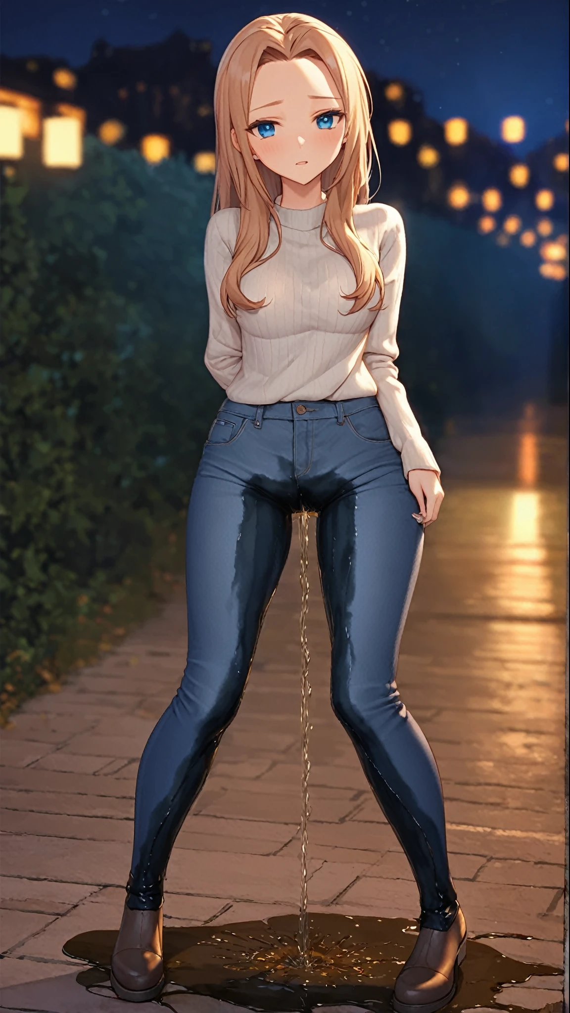 ((best quality, masterpiece:1.3, 8K)), (detailed), highly detailed face and skin texture, detailed eyes, downtown, full body, slender body, 1girl, 25 years old, white skin, bright lips, worried, embarrassed, panicking, long hair, (forehead:0.8), (stylish top:1.2), jeans pants, blue jeans, footwear, peeing jeans, peeing pants, pee stain, (wetting herself:1.5, desperation:1.5),
