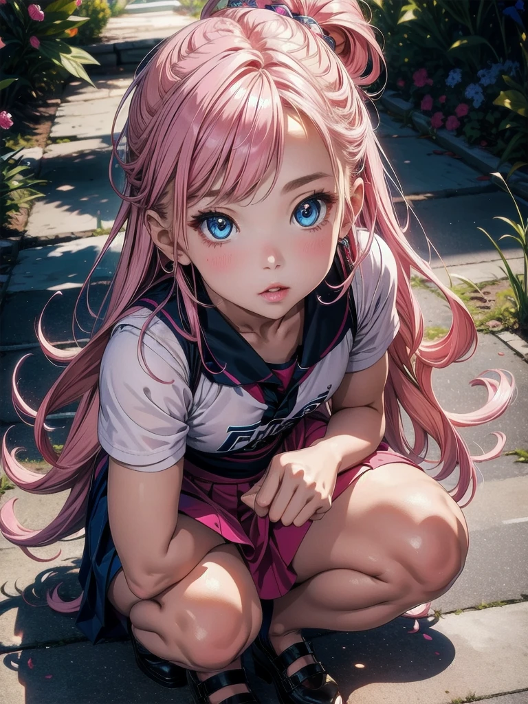 (masterpiece), best quality, expressive eyes, perfect face, (ruby_hoshino, blonde hair, bangs, 1girl, pink eyes, long hair, looking at viewer, red eyes, streaked hair,hair between eyes),bra,panties,sitting,crossed legs, cap,(chewing gum:1.1),alley, (slav squatting)