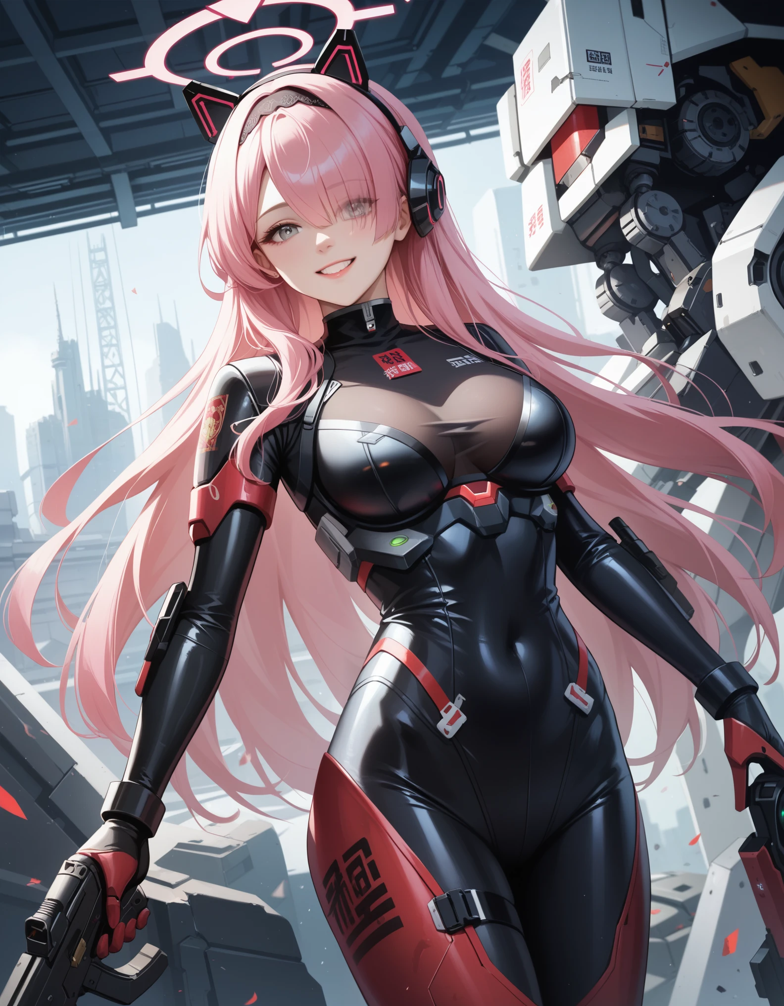 plana \(blue archive\),hair over one eyes,grey eyes, 1girl,chinese text,pink hair,weapon,gun,solo,holding weapon,holding gun,red eyes,holding,mechanical arms,bodysuit,breasts,smile,science fiction,hairband,tattoo,simplified chinese text,android,fake animal ears,mecha musume, BREAK,masterpiece, best quality,score_7_up,score_8_up,score_9, score_5_up,score_6_up, 