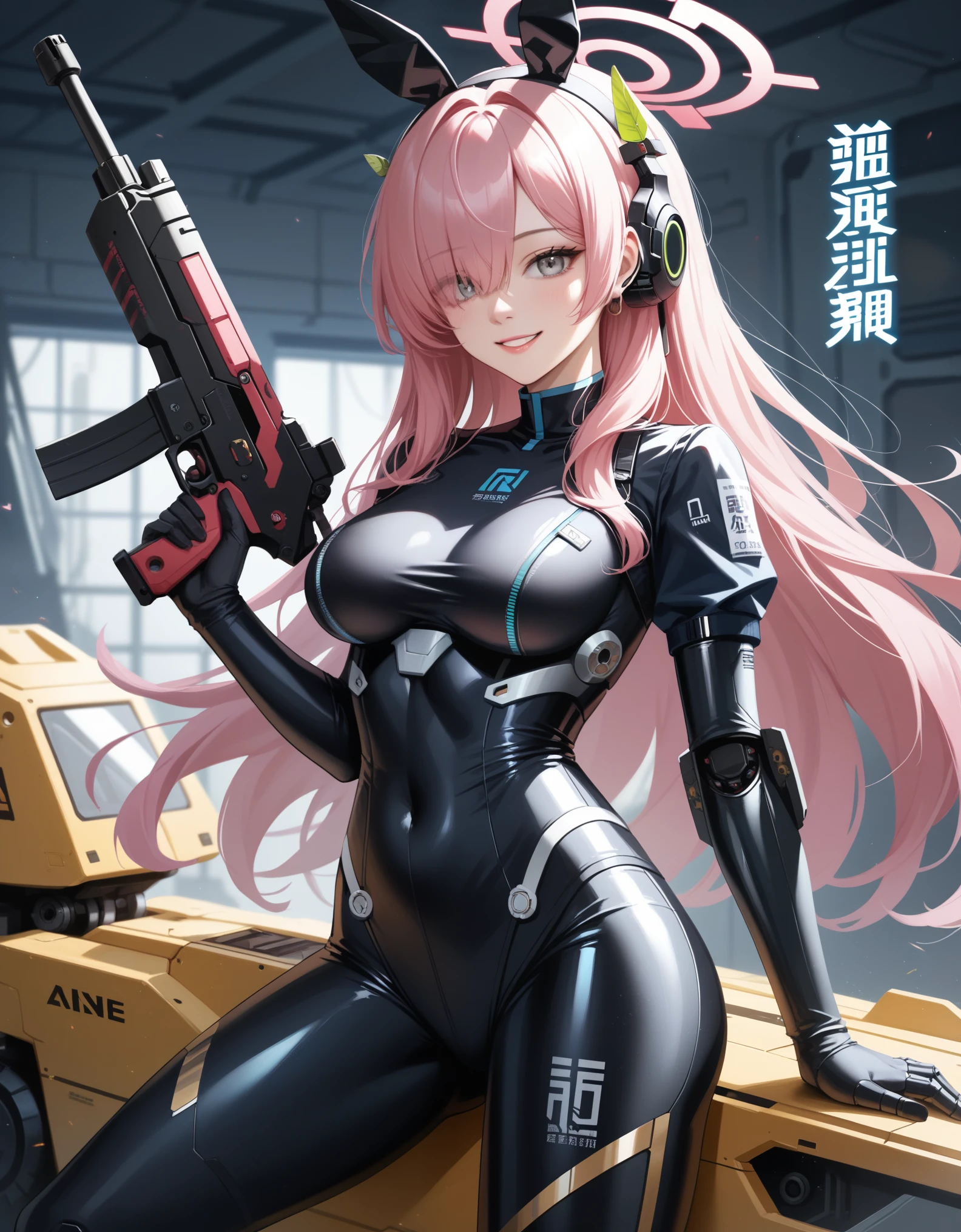 plana \(blue archive\),hair over one eyes,grey eyes, 1girl,chinese text,pink hair,weapon,gun,solo,holding weapon,holding gun,red eyes,holding,mechanical arms,bodysuit,breasts,smile,science fiction,hairband,tattoo,simplified chinese text,android,fake animal ears,mecha musume, BREAK,masterpiece, best quality,score_7_up,score_8_up,score_9, score_5_up,score_6_up, 