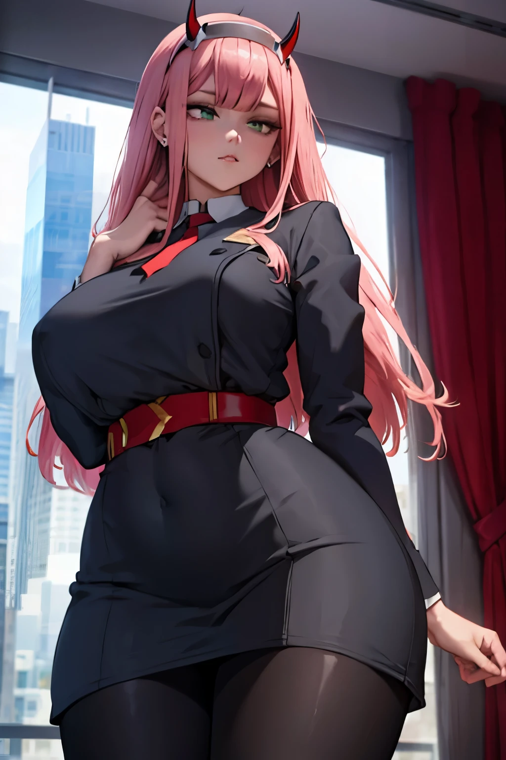 ((plump breasts)), (jambes grasses), earrings, ((skyscraper)), ((perfect hands)), ((glossy pantyhose)), (finely detailed eyes and detailed face:1.3), (extremely fine and beautiful:1.1), (Perfect details:1.1), Darling in the fanxx, Zero two, horns, hairband, long hair, pink hair, green eyes, orange necktie, military uniform, red dress, ((glossy black pantyhose)), (view from below), assise