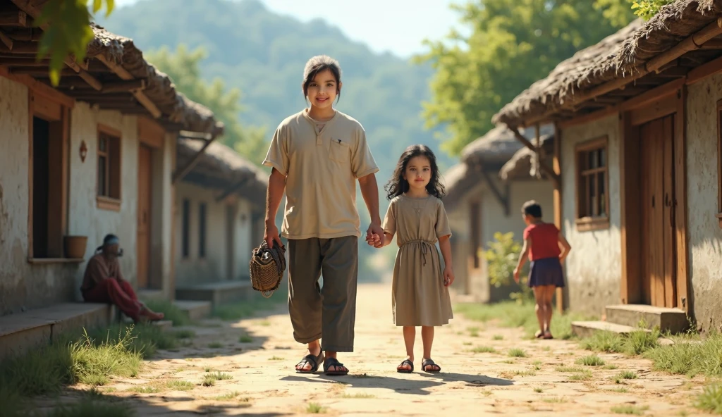 A family in village in morning