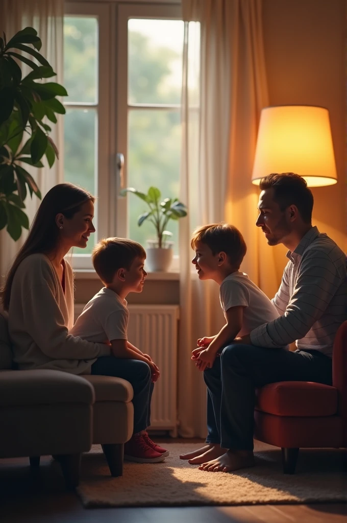 Create an image where a child is observing his parents in a conversation