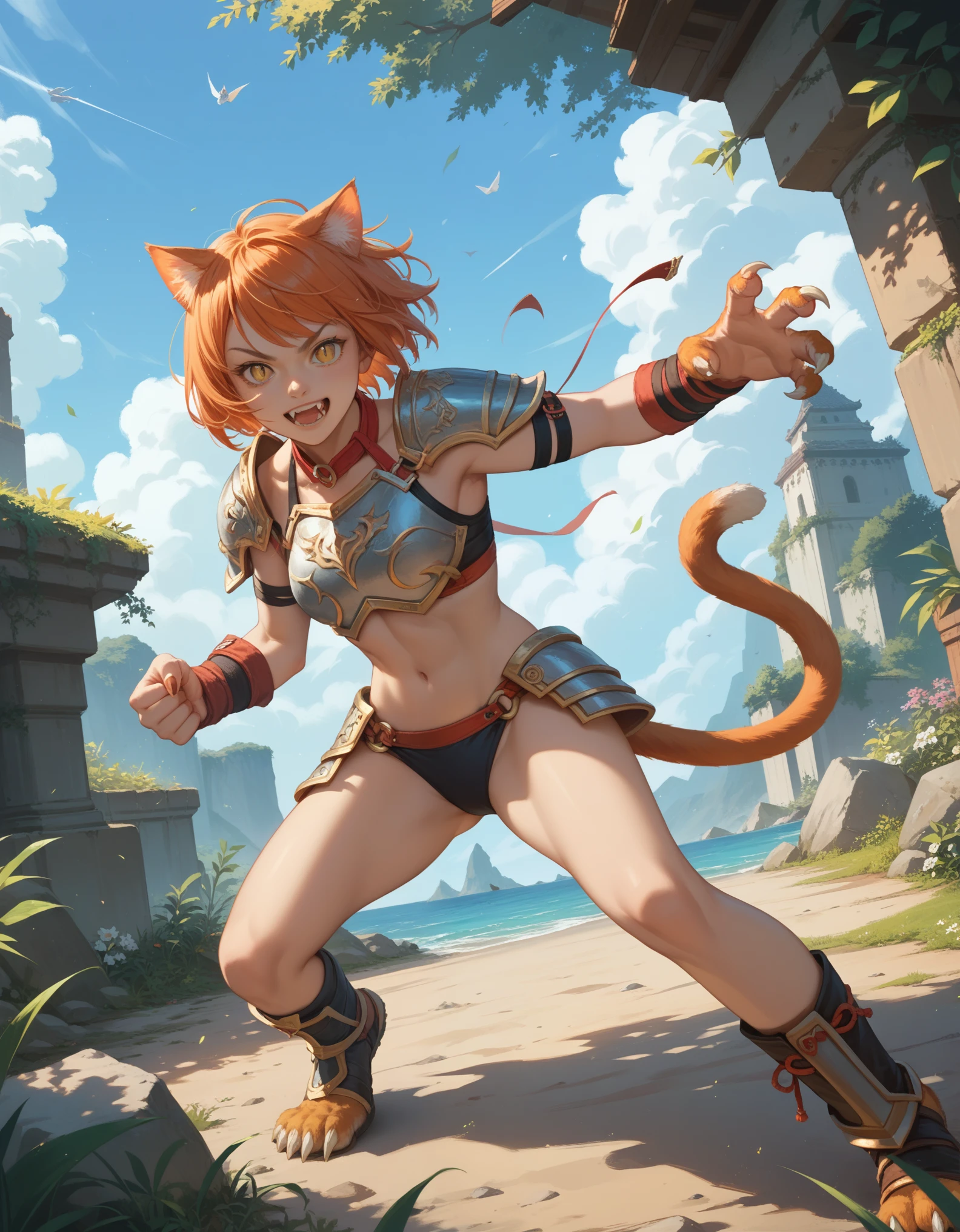 score_9, score_8_up, score_7_up, source_anime, 1girl, cat girl, cat ears, perfect hands, orange hair, yellow eyes, slit pupils, short hair, dynamic pose, fighting stance, bikini armor, claws, fangs, tail, outdoors, standing