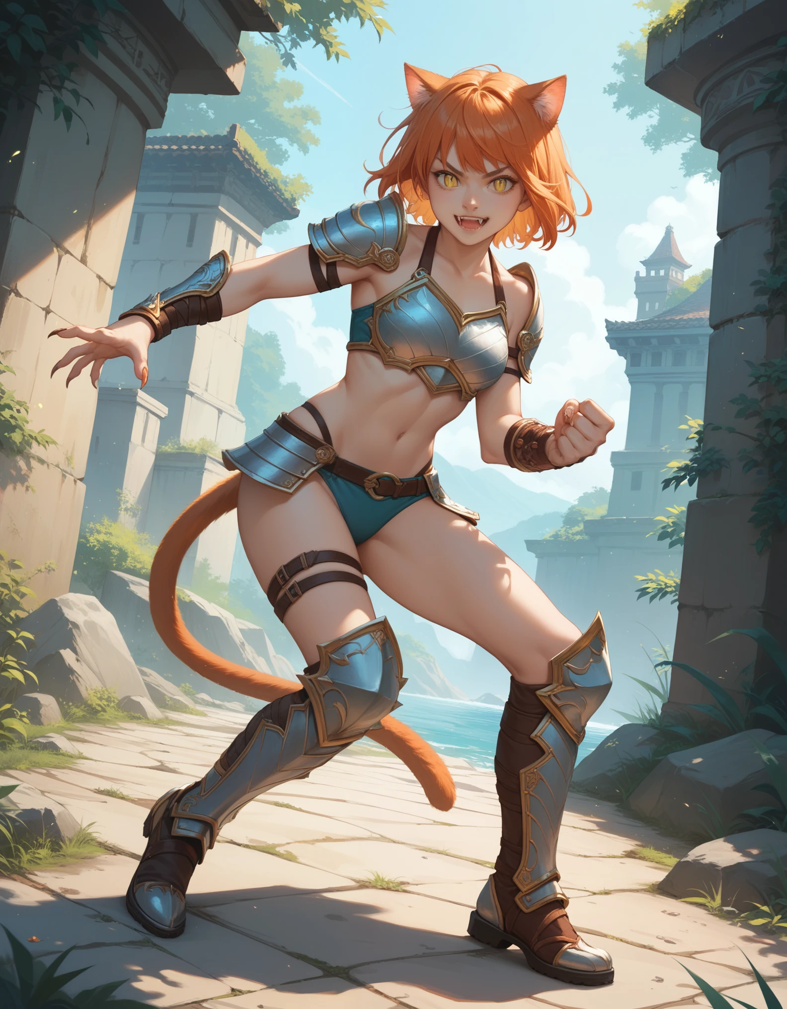 score_9, score_8_up, score_7_up, source_anime, 1girl, cat girl, cat ears, perfect hands, orange hair, yellow eyes, slit pupils, short hair, dynamic pose, fighting stance, bikini armor, claws, fangs, tail, outdoors, standing