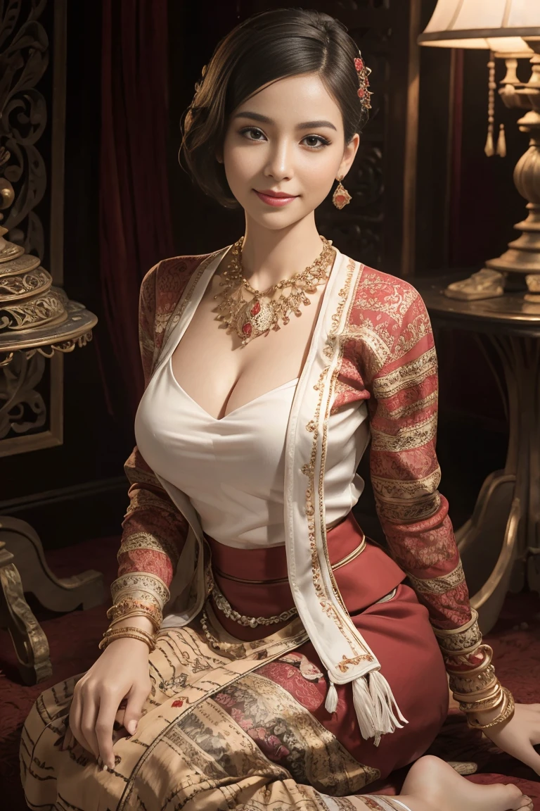 (realistic:1.3), insane detailed, quality, (masterpiece:1.2), (photorealistic:1.2), (best quality), (detailed skin:1.3), (intricate details), ray tracing, ((full body)), ((1woman)), (((1 person))), 30 years old, short hair, smile, red dress, skirt with pattern, color contrast between the dress and the skirt, skirt pattern, earrings, necklace, Javanese ornament, (blurred background), eyes on camera, Breast cleavage, medium breast