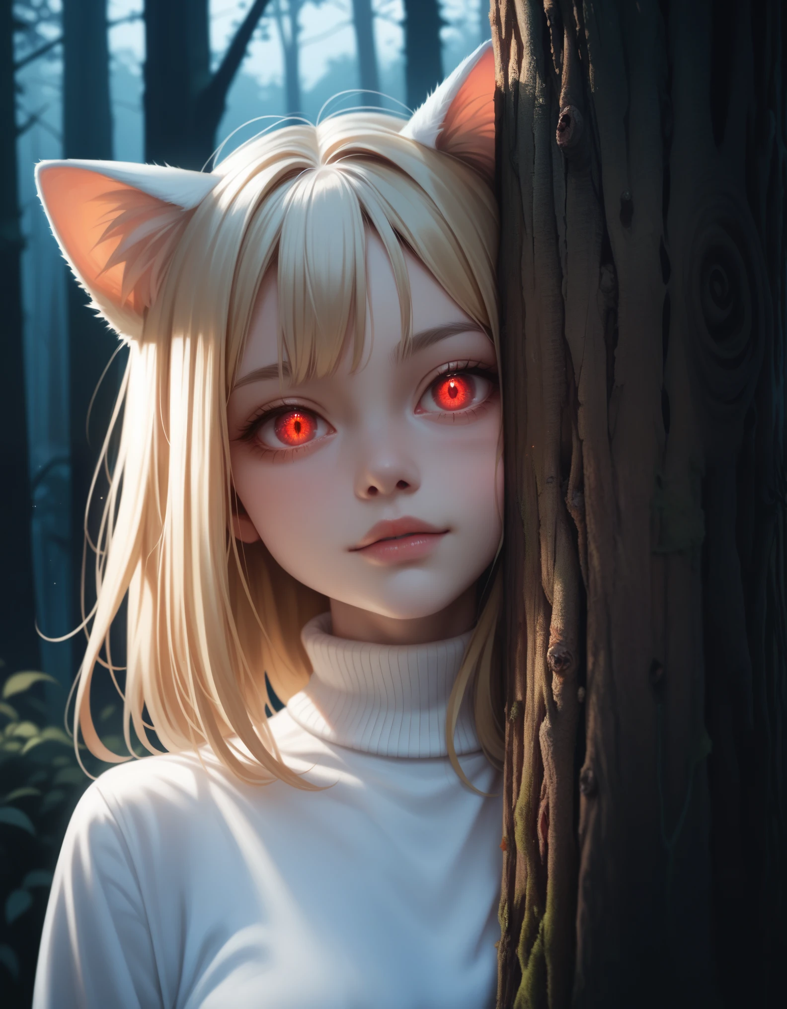 score_9, score_8_up, score_7_up, solo, peeking out, upper body, hiding behind tree, night, horror \(theme\), forest, necoarc, glowing eyes, cat ears, blonde hair, red eyes, chibi, :3, white shirt, turtleneck, looking at viewer