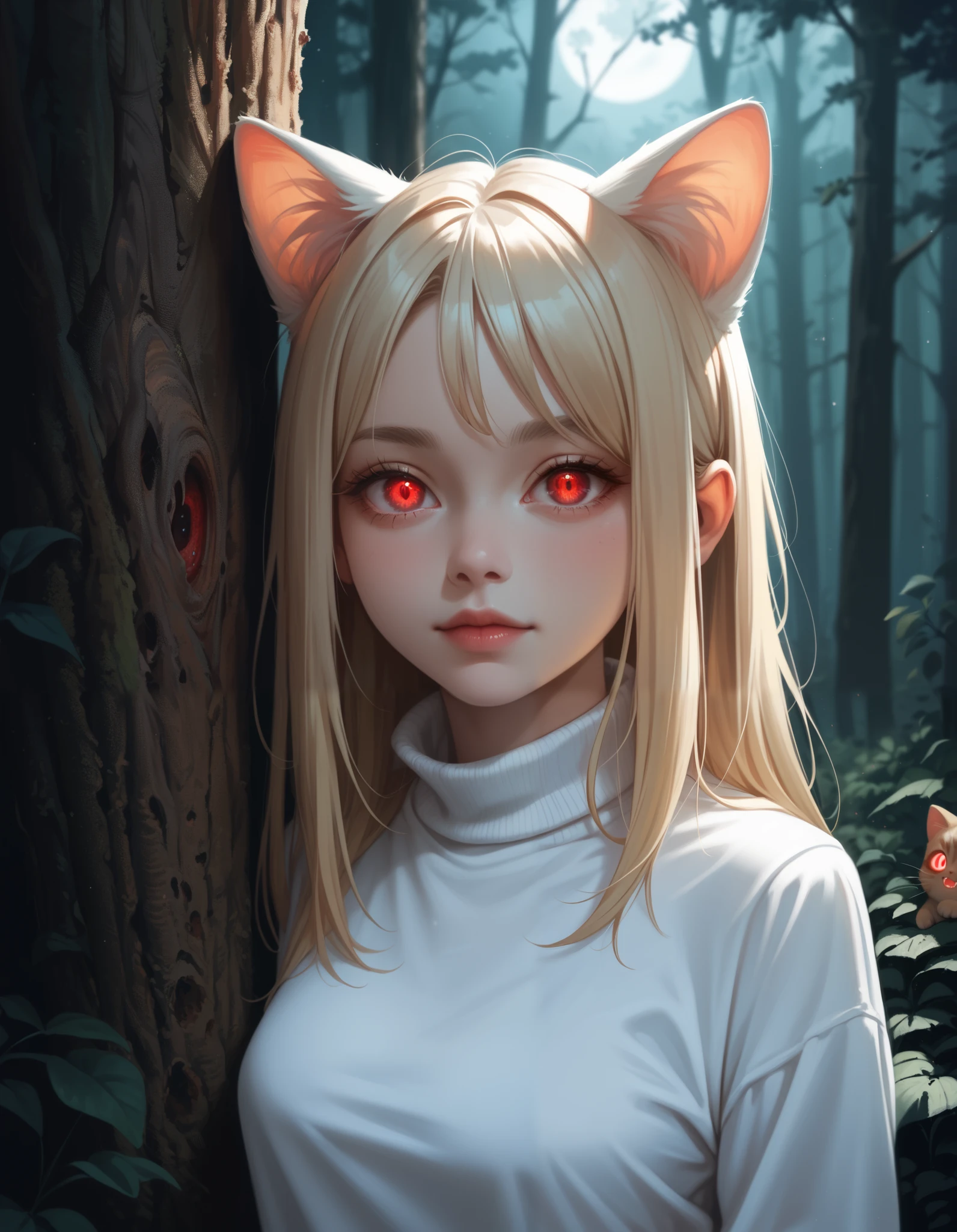 score_9, score_8_up, score_7_up, solo, peeking out, upper body, hiding behind tree, night, horror \(theme\), forest, necoarc, glowing eyes, cat ears, blonde hair, red eyes, chibi, :3, white shirt, turtleneck, looking at viewer