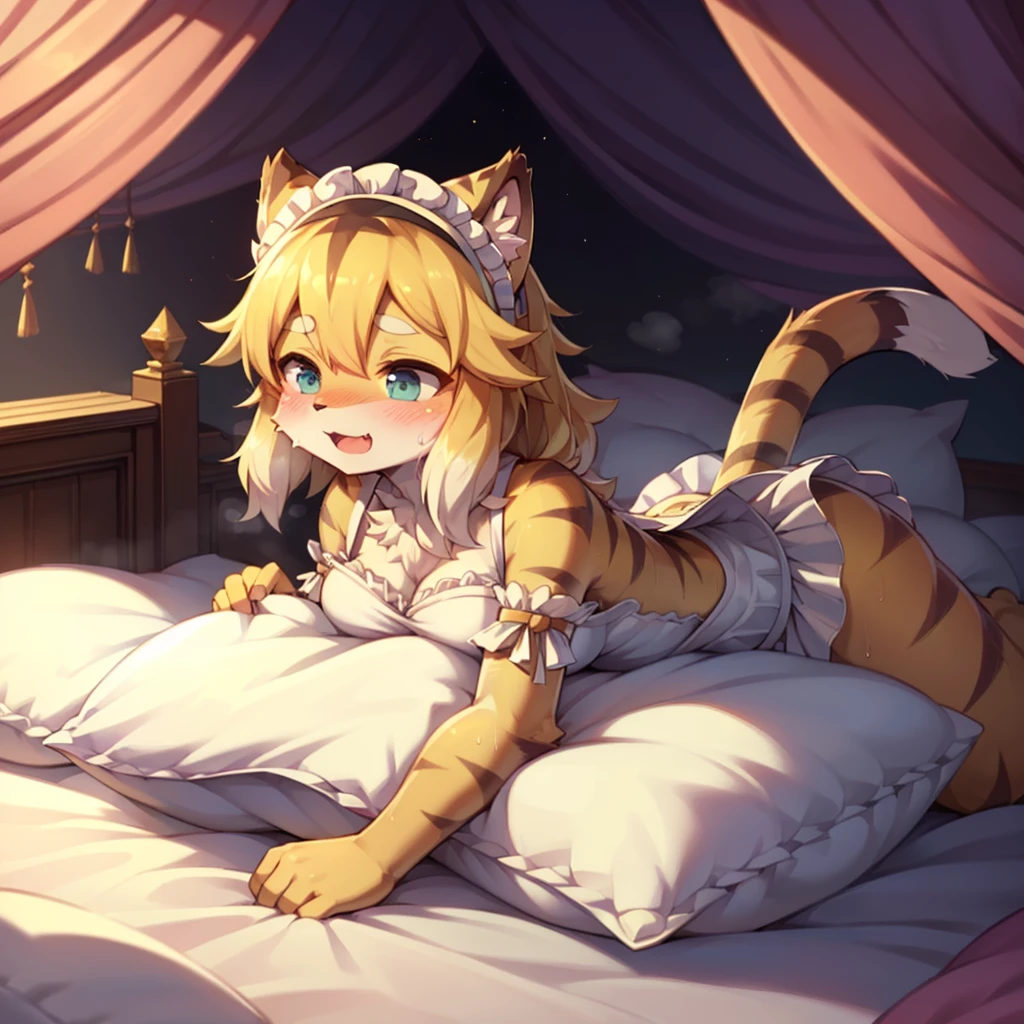 （masterpiece，best quality），mine, The Beast, , ( ））, 穿着Maid costume的可爱女孩在Pillow上摆姿势,，Maid costume，nature,, (blush),a smile，Pillow,（Lots of Pillow），Soft cushion，（canopy bed），（Pillow），Lots of Pillow，（Friction in the crotch），（（PillowCamel）），（A tail），（Around the protagonist），steam，（Pillow），（LuxuryPillow），（Palace Pillow Pattern Pillow），（palace），（Palace bedroom），（Gorgeous Pattern Pillow），Soft Pillow，，（Classical European style bedroom ），（excited，shy person，Lack of expressiveness，），pillow hump,，(Deluxe Rococo Canopy King Bed),Luxurious curtains with ornate ruffles and ribbons hang around the large bed.,((((The bed is piled with many Pillows)))),Quilt details,Detailed bed linen,Ruffled Bed Skirt,Deep Bed,Background with depth,((Pillow in detail)), ((((A Lot of Pillow))))，,，Detailed Soft Pillow,,((女孩正躺在许多Soft Pillow上,There are many Pillows around))，、、In a large canopy bed、Soft sheets and quilts、Colorful soft Pillow、Lots of Pillow、Soft toned bed、Ruffled curtains around the bed.。Delicate face，（Ornate pattern pillow），Soft pillow，，（ classical European style bedroom  ），（Excited face，Opened mouth，Shy，），，my，tiger girl，，sweaty，，（more pillows)，，Blushing，Shy,,MASTURBATING WITH PILLOW,pillow humping, crotch rub,Exhale hot air，steam