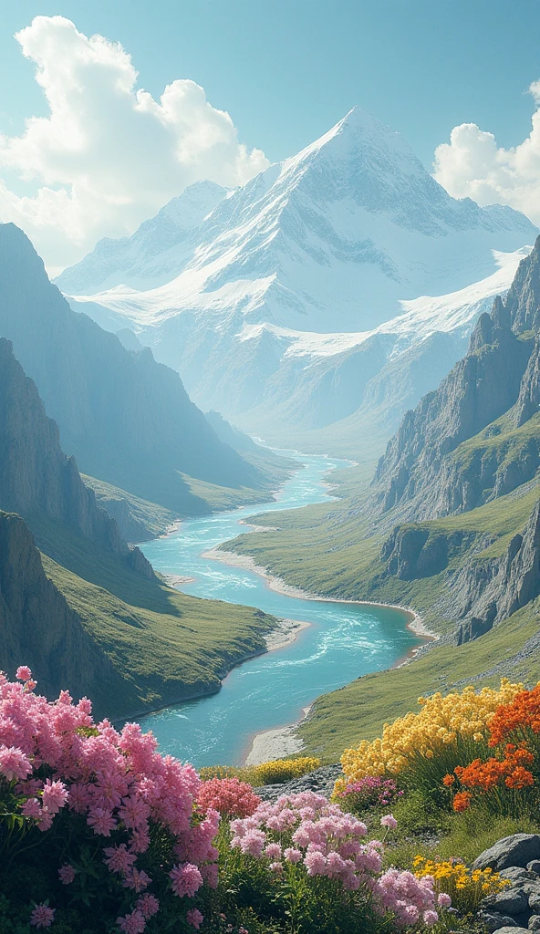 There is an adveturing background, white hills of snow, green amd colorful flowers, rivers and smog, the title word " Life " is written in front of the poster.