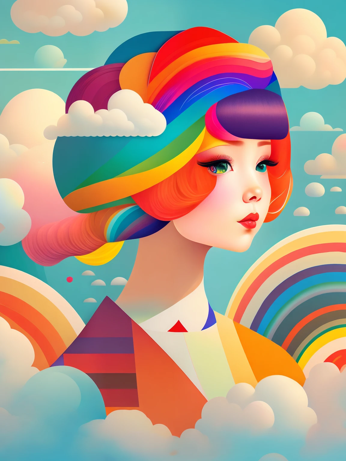 (masterpiece, best quality:1.2),art illustration，girl portrait，often neck，hair by clouds，baiyun，rainbow，The composition，stitching，dislocation，trees， rainbow,  , Contrasting colors, in the spring landscape, Abstract surreal colors,rich and colorful, popular geometric surrealism, rainbow-colored dream， icon design, Rozmin trip, Vector art，Exaggerated expression，