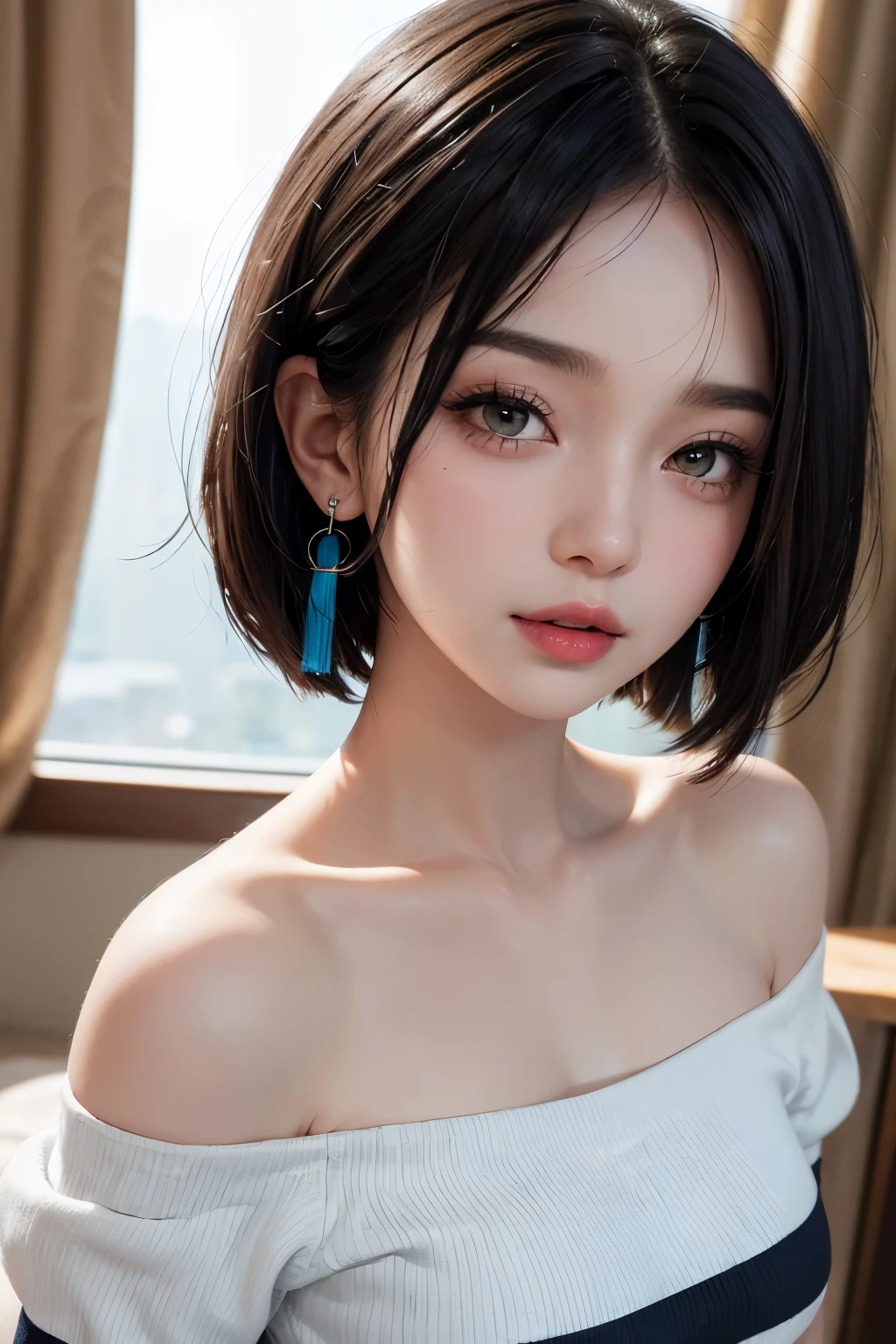 (((Masterpiece, top quality, super detailed face))), (((highly detailed face))), overall accuracy takes a dramatic leap forward, creating a super detailed and realistic image, light blue lace and ruffle off the shoulder fashion, short black bob, thick full bangs, big slit eyes, long eyelashes, thin nose, small mouth, thin lips,