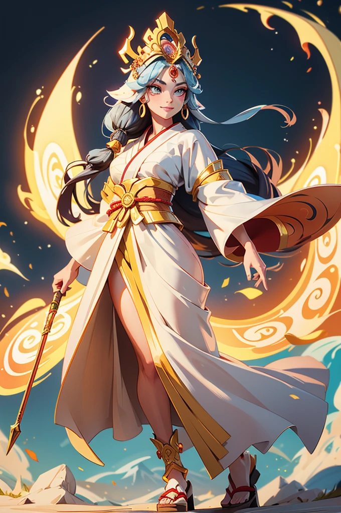 Depict Amaterasu, the radiant and powerful goddess of the sun from Japanese mythology, (as a full-body standing figure with long:1.3), flowing black hair, holding a traditional shakujo staff. She is dressed in traditional Japanese attire with intricate patterns symbolizing light and purity, featuring layered robes that cover her body modestly and elegantly, minimizing skin exposure. Her face has a refined and serene expression, slightly smiling, with dignified and powerful features resembling a Caucasian appearance, with fair skin, high cheekbones, and light-colored eyes. She is surrounded by a warm, golden aura and gentle rays of sunlight, emphasizing her divine presence. Her stance is regal, dignified, and powerful, reflecting her status as the goddess of the sun. No other characters, animals, or living beings should appear in the image.