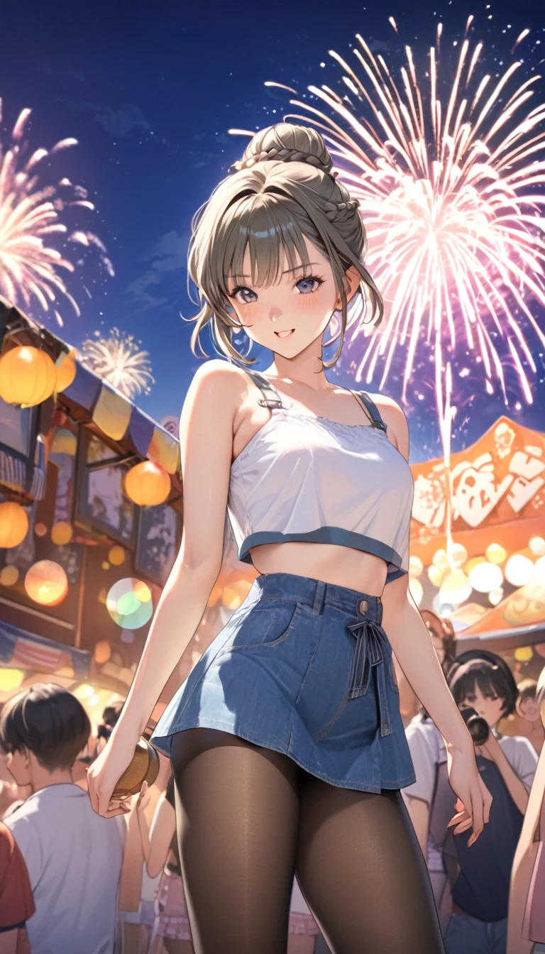 (((best quality)), ((masterpiece)), (details), masterpiece, best quality, high quality, ulutra detailed, perfect face, ((1girl, blue eyes, cat ears: 1.3 silver bob hair: 2.5,)) 、Shiny Hair、Glowing Skin、blush、Lustful look、Small breasts、I can see your toned stomach、Chinese style short sleeve,Don't go up and down、Chinese style shorts、Alluring expression,An inviting body、Hot flashes、Small breasts,Sidetiletto heels、Festivals、firework