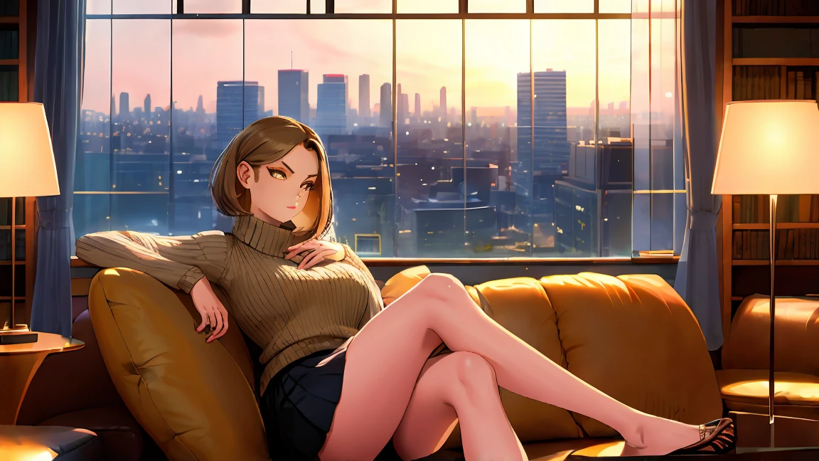 "A confident woman relaxing near the window of a chic library lounge, dressed in a cozy oversized beige sweater paired with a stylish mini skirt. The large glass window reveals a bustling cityscape glowing in the night, while soft warm lighting fills the room."
