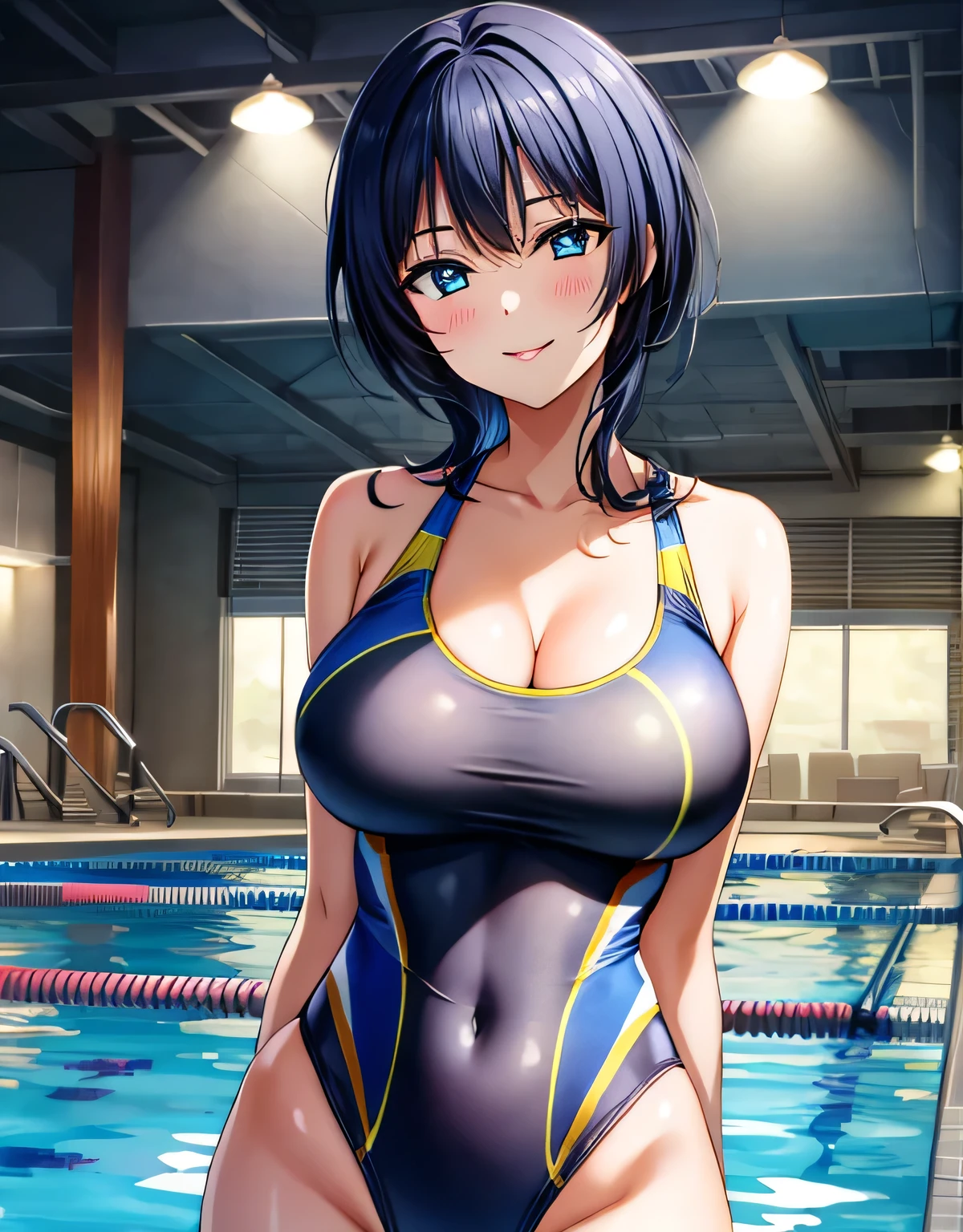 asaka karin,(large breasts:1.93),(shiny hair),((solo)),((masterpiece)),((best quality)),perfect anatomy,slim waist,perfect image,8k UHD,(beautiful detailed eyes:1.5),extremely detailed face,standing,(upper body:1.2),(look at the front:1.5),ultra-detailed,absurdres,ultra-highres,arms behind back,closed mouth,medium hair,blue eyes,blue hair,sidelocks,indoor,gorgeous indoor pool,night view from the window,smile,blush,lips,seductive,alluring,(shiny Competition swimsuit:1.15),