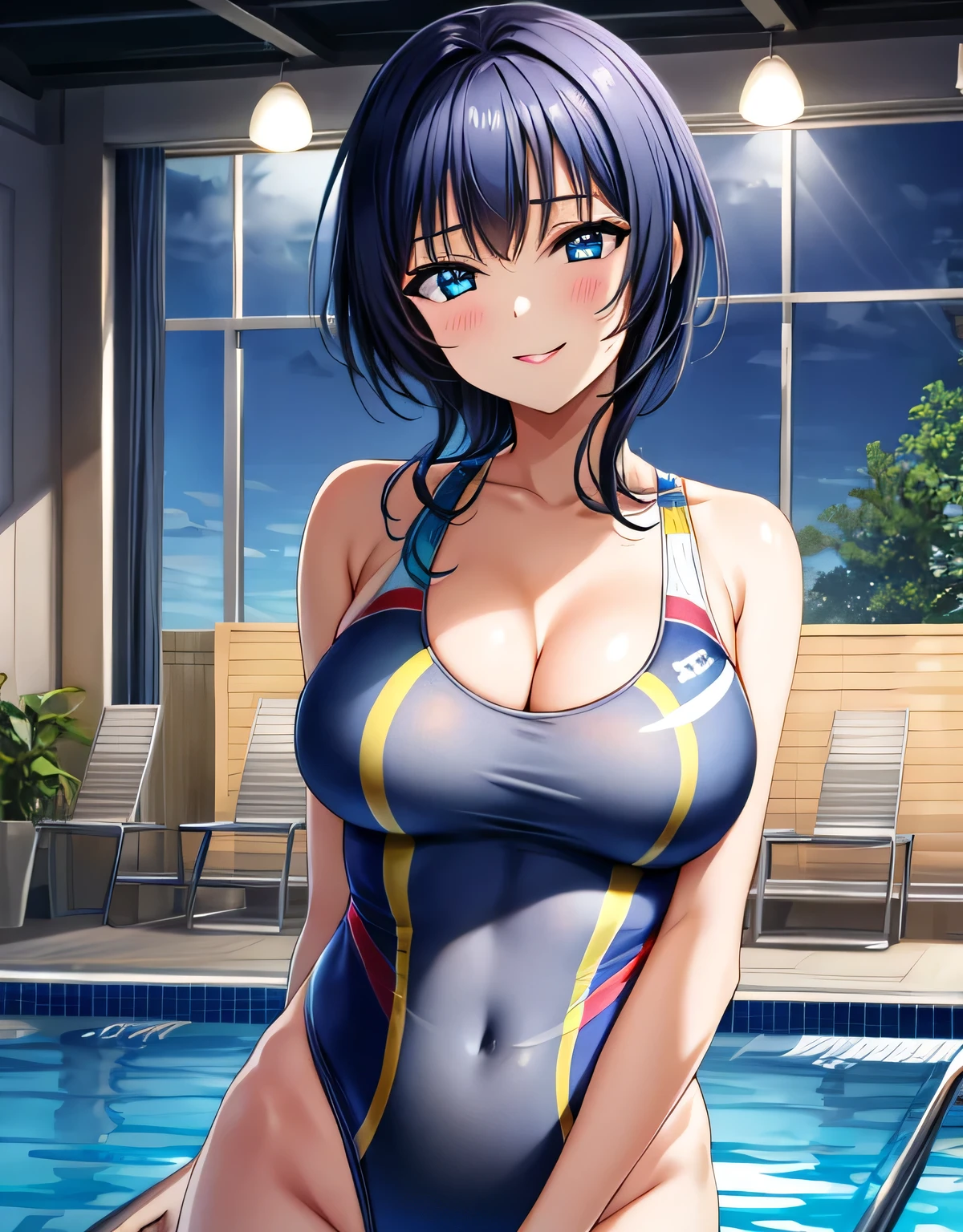 asaka karin,(large breasts:1.93),(shiny hair),((solo)),((masterpiece)),((best quality)),perfect anatomy,slim waist,perfect image,8k UHD,(beautiful detailed eyes:1.5),extremely detailed face,standing,(upper body:1.2),(look at the front:1.5),ultra-detailed,absurdres,ultra-highres,arms behind back,closed mouth,medium hair,blue eyes,blue hair,sidelocks,indoor,gorgeous indoor pool,night view from the window,smile,blush,lips,seductive,alluring,(shiny Competition swimsuit:1.15),