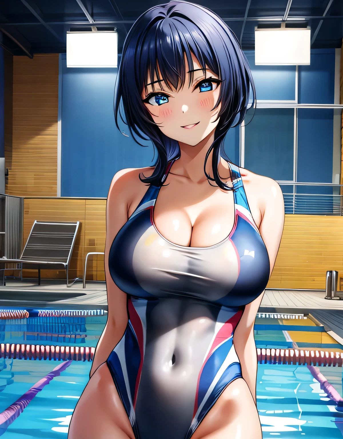 asaka karin,(large breasts:1.93),(shiny hair),((solo)),((masterpiece)),((best quality)),perfect anatomy,slim waist,perfect image,8k UHD,(beautiful detailed eyes:1.5),extremely detailed face,standing,(upper body:1.2),(look at the front:1.5),ultra-detailed,absurdres,ultra-highres,arms behind back,closed mouth,medium hair,blue eyes,blue hair,sidelocks,indoor,gorgeous indoor pool,night view from the window,smile,blush,lips,seductive,alluring,(shiny Competition swimsuit:1.15),