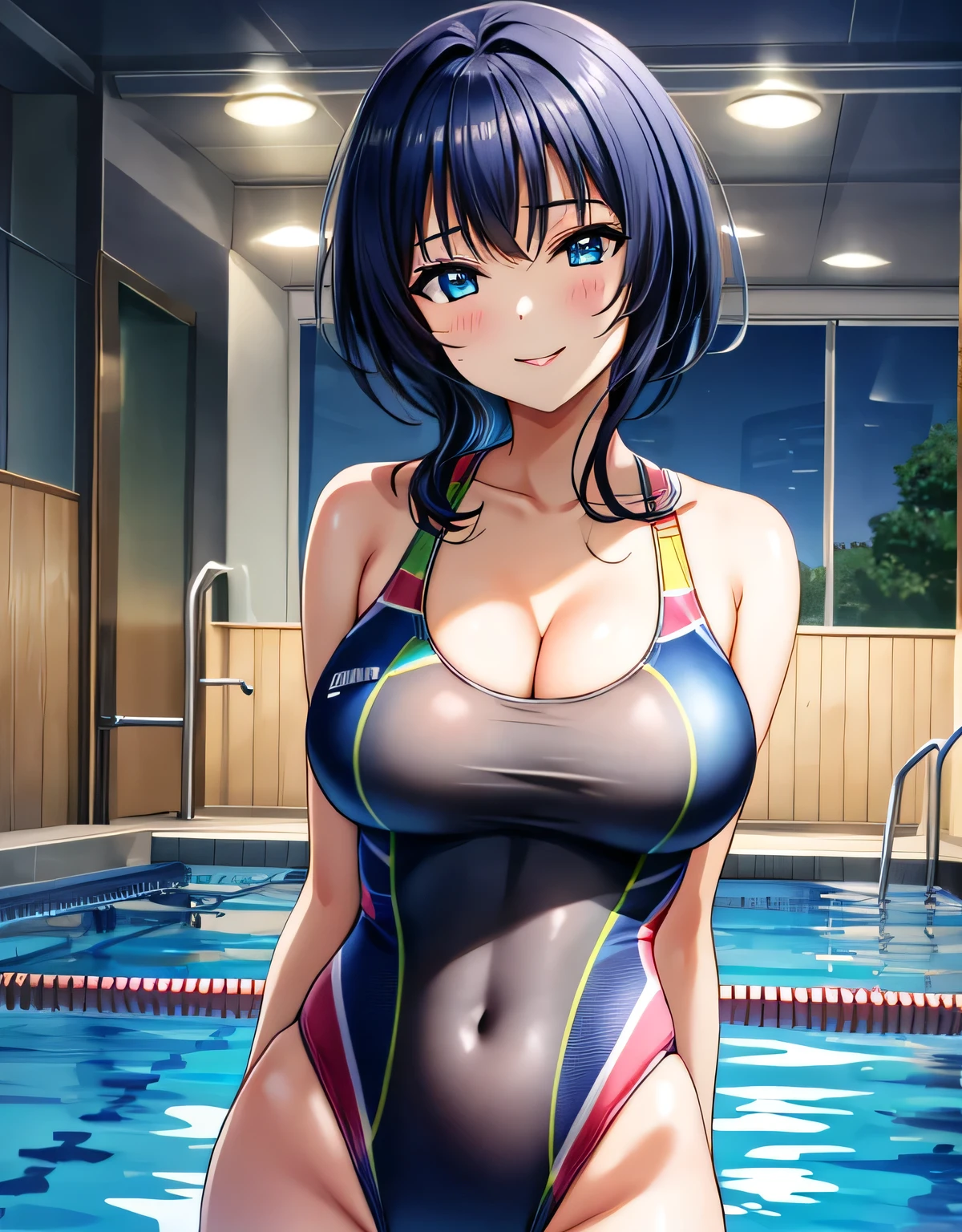 asaka karin,(large breasts:1.93),(shiny hair),((solo)),((masterpiece)),((best quality)),perfect anatomy,slim waist,perfect image,8k UHD,(beautiful detailed eyes:1.5),extremely detailed face,standing,(upper body:1.2),(look at the front:1.5),ultra-detailed,absurdres,ultra-highres,arms behind back,closed mouth,medium hair,blue eyes,blue hair,sidelocks,indoor,gorgeous indoor pool,night view from the window,smile,blush,lips,seductive,alluring,(shiny Competition swimsuit:1.15),