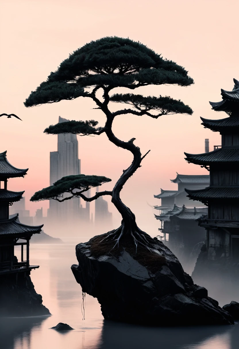 "Inkpunk Serenity" - Title: "The Solitary Flight" is an official 8K ink art masterpiece that encapsulates the essence of the inkpunk genre. A solitary bonsai tree stands tall, a beacon of life amidst the sprawling East Asian-inspired architecture that has been reclaimed by nature. The sunset casts a muted glow across the scene, the fading light bringing out the intricate details of the buildings that once bustled with activity. The solitary bird, its ink-black silhouette stark against the warm backdrop, soars through the air with an elegance that speaks of freedom and resilience.
The muted color palette and meticulous attention to detail in the architecture create a sense of history and decay, a world that has moved on from the hands of its creators. The bonsai, a symbol of patience and perseverance, stands as a testament to the enduring spirit that refuses to be extinguished. This single image tells a story of a civilization's rise and fall, the eternal struggle between nature and the constructed world. The composition is balanced and deliberate, each stroke of ink a deliberate choice that adds to the overall narrative. It's a scene that invites contemplation and reflection, a moment of peace in a genre that often embraces chaos and technology. 