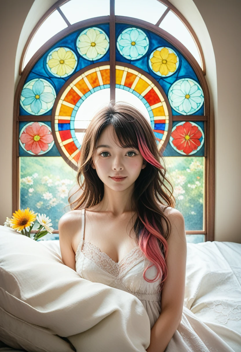 ( best quality,4K,8k, high definition ,masterpiece:1.2),Super detailed,(Realistic,photoRealistic,photo-Realistic:1.37), admiration ,Shake,Two-tone hair,wind,ひらひらと舞うflowerびら,stained glass window, for eclectic , Intricate Details ,eclectic ,2D,Line art,watercolor,ink watercolor, random color hair on the bed,Super long hair,Wavy, 1 girl, antique,flower,old