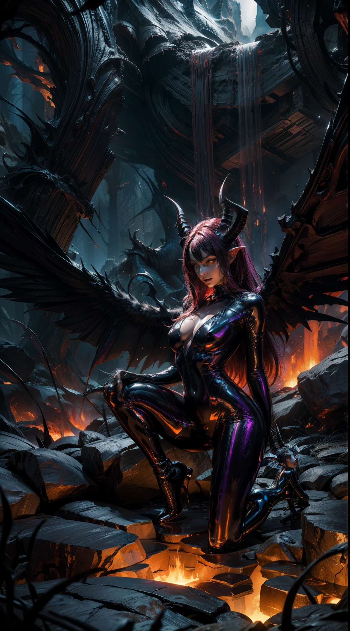 You walk through the streets of an apocalyptic city, everything is on fire and desolation spreads everywhere. Suddenly, you hear a fluttering and turn to see a female evil fallen angel standing in front of you. His demonic wings are huge and beautiful, but they are made of red and black flames that seem to be consuming everything around him. His face, although beautiful, is covered by a dark and menacing shadow.
The fallen angel stares at you with his bright red eyes and begins to speak in a deep, sinister voice. He tells you he's willing to do anything to get what he wants, even if it means destroying the entire city. But it also offers you a place by his side, promising you riches and power beyond your wildest dreams.
You are frightened, but also attracted by the evil beauty of the fallen angel. However, you know that the city and its inhabitants do not deserve to be destroyed. So you face the fallen angel in an epic battle, fighting against his power and his thirst for revenge. --auto --s2