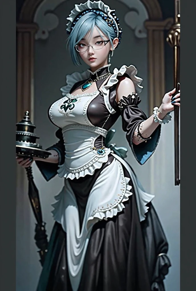 (1girl, yuri alpha:1.0), (anime overlord), (solo:1.4), (Maid_Dress), (64k, UHD, Raw photo, highes, Best Quality, mastepiece:2.0), (Ultra-fine depiction of details:3.0), (a serious, loyal, hard-working maid head, the vice-captain of the "Pleiades Six Stars", the battle maid squad of the Great Tomb of Nazarick), (a beautiful woman with an intelligent look), black hair, (elegant, vivid blue bowtie, ribbon:1.3), (green wristband), (She is equipped with highly elaborately designed, dark emerald green spiky gauntlets:1.5), (perfect face, perfect body, perfect figure, pink lips, slight blush), (cool, intellectual glasses), (slightly glowing blue eyes:1.3), (shiny sleek long hair, single hair bun, single braid bun, double bun), (silky, high-quality, majestic, gothic, ((low-key)), simple, maid dress:1.0), (vivid blue gothic style choker:1.3), (pure white maid apron:1.2), (gigantic breasts, almost brimming out of maid dress:1.2), (sexy cleavage:1.1), inhouse, studying the orders issued by the master of [the Great Tomb of Nazarick, Ainz Ooal Gown], the room is filled with solemn atmosphere, (long shot, full body shot), (perfect lighting,)