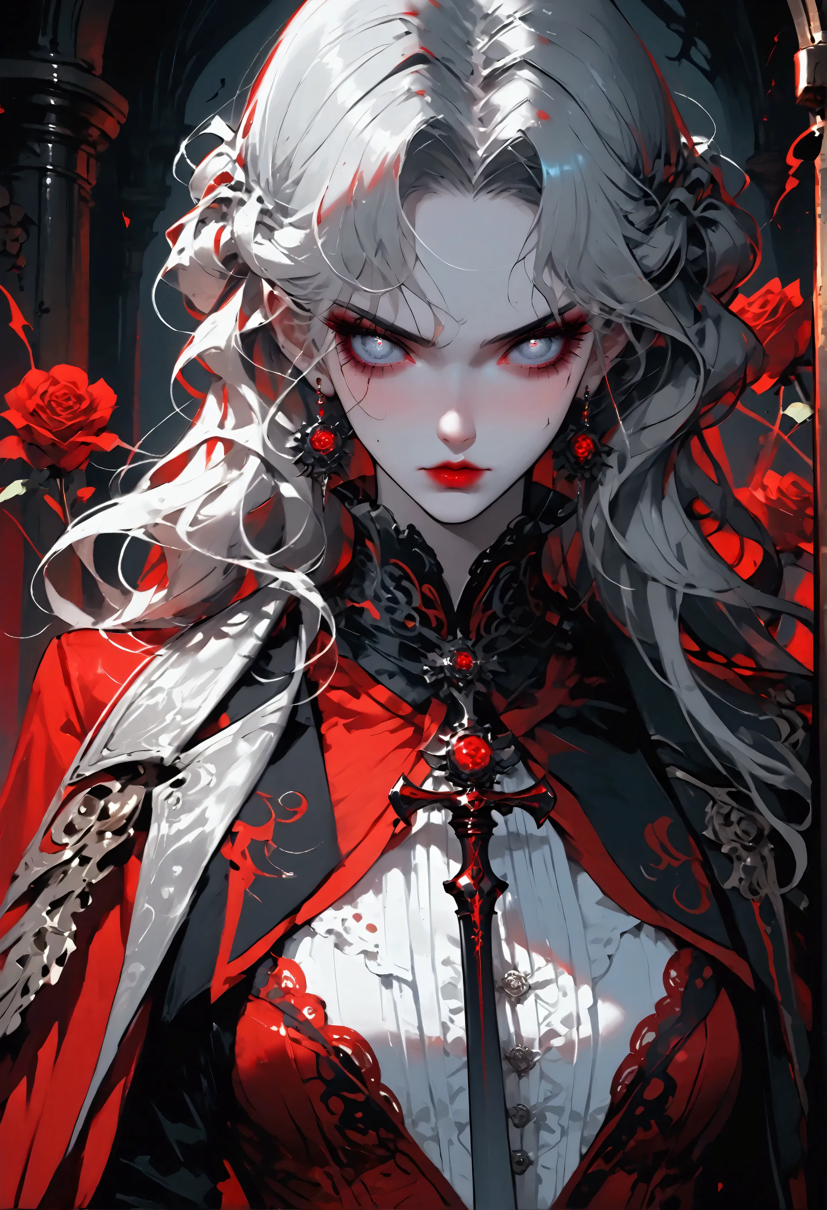 modisn disney, Arafed,  Dark fantasy art, fantasy art, goth art, a picture of a female vampire, (full body shot: 1.3) pale white skin, blond hair,  anatomically correct, Ultra detailed face, Best Detailed face, long hair, wavy hair, (glowing grey: 1.3) eyes, she wears a (red: 1.3) red thigh suit, she holds a sword in hand, (ready for battle: 1.4) , the roses are imprinted on the suit (black: 1.4) black roses, high heels, , dark glamour shot, dark castle, dark, black and color, PASTELGOTH, 