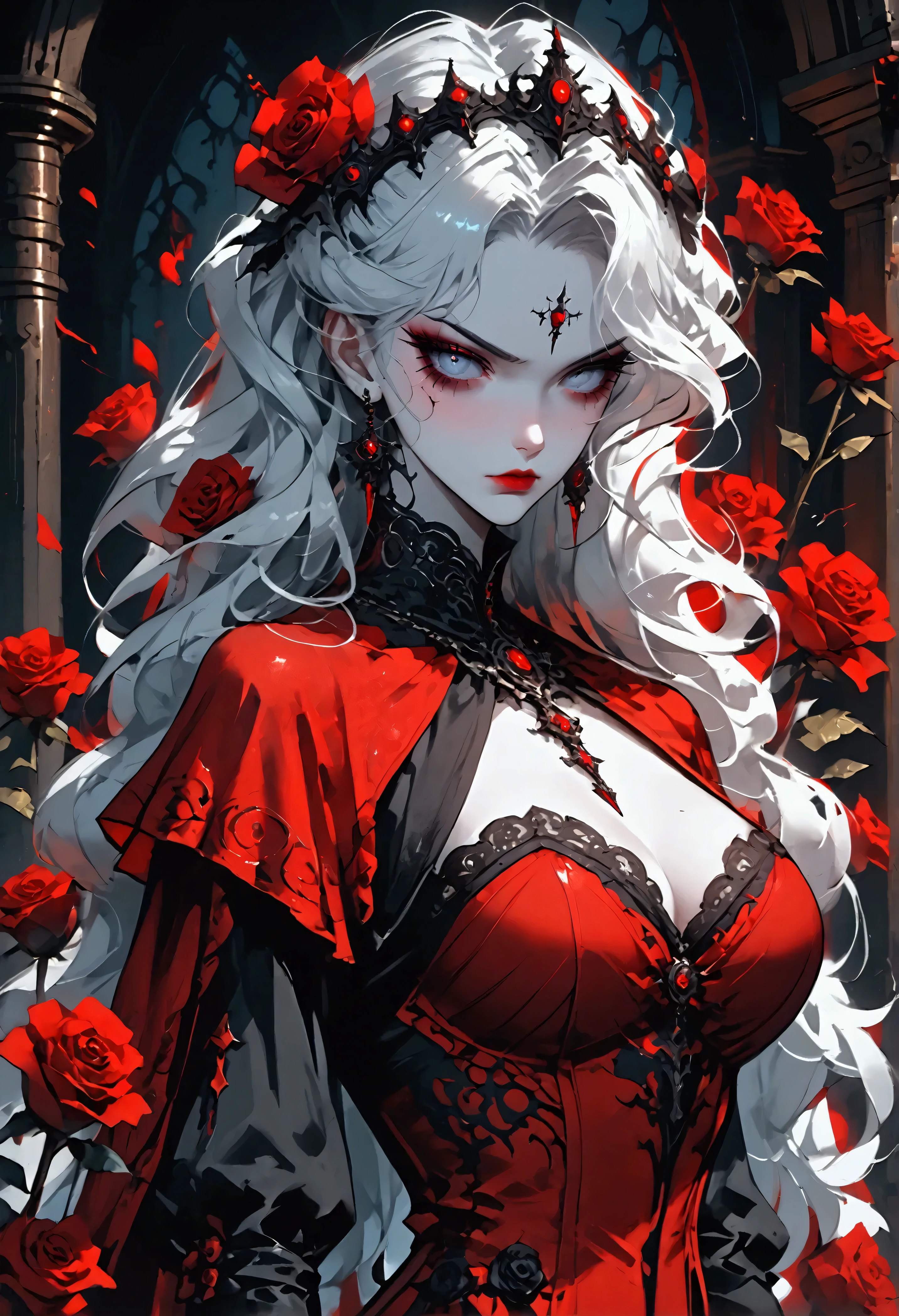 modisn disney, Arafed,  Dark fantasy art, fantasy art, goth art, a picture of a female vampire, (full body shot: 1.3) pale white skin, blond hair,  anatomically correct, Ultra detailed face, Best Detailed face, long hair, wavy hair, (glowing grey: 1.3) eyes, she wears a (red: 1.3) red thigh suit, she holds a sword in hand, (ready for battle: 1.4) , the roses are imprinted on the suit (black: 1.4) black roses, high heels, , dark glamour shot, dark castle, dark, black and color, PASTELGOTH, 