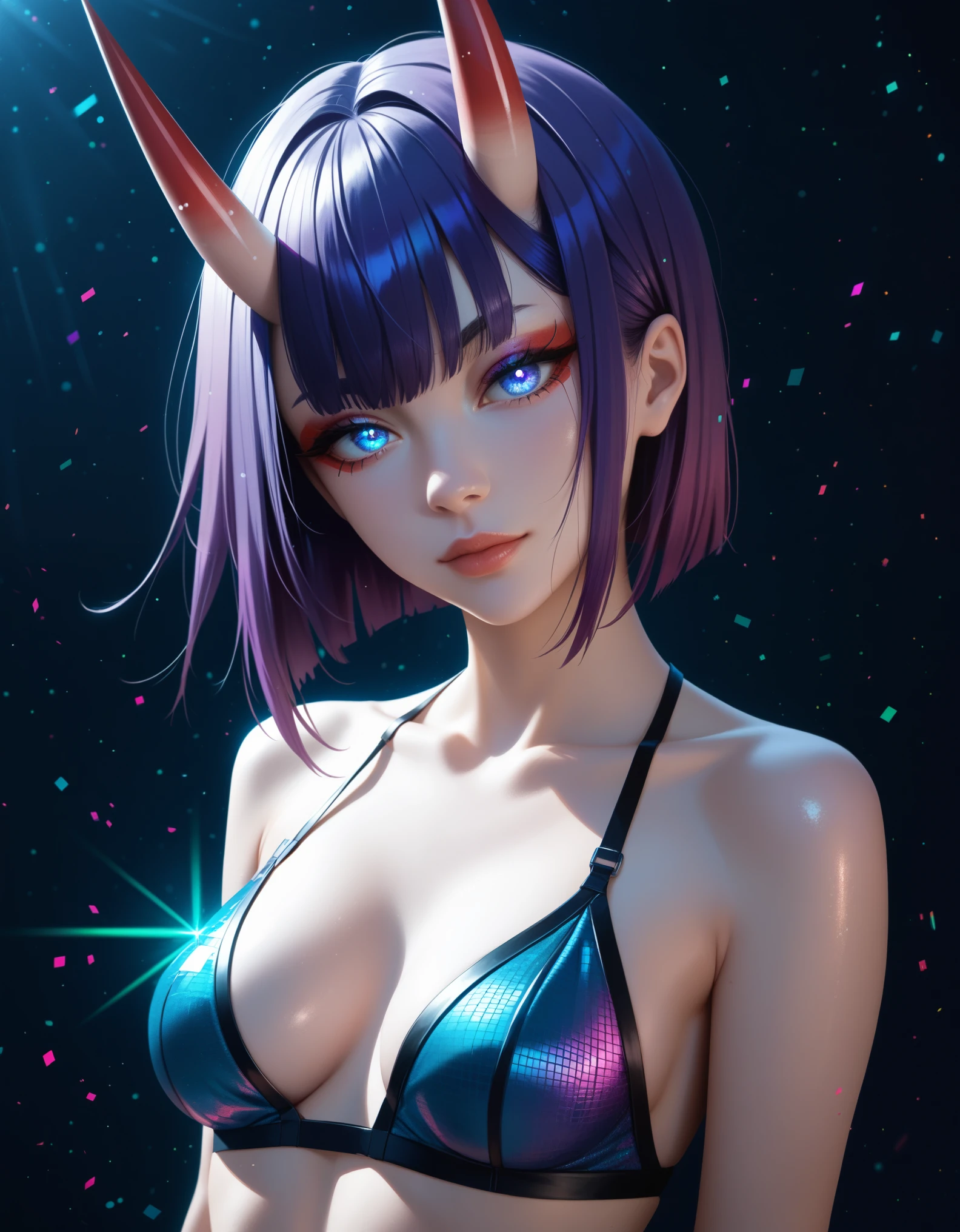 score_9,score_8_up,score_7_up, rating_safe, glitch, d1splaygl1tchl1nes, a glowing (triangle:1.1), 1girl, shuten douji \(fate\), cyborg, breasts, contrapposto, shiny, glamour, makeup, glossy, glowing eyes, anamorphic, head tilt, science fiction, head tilt, geometric, cyberpunk style (black background:0.8), particles, dust, lines, [:horns:0.4],violet hair,bangs,hair between eyes