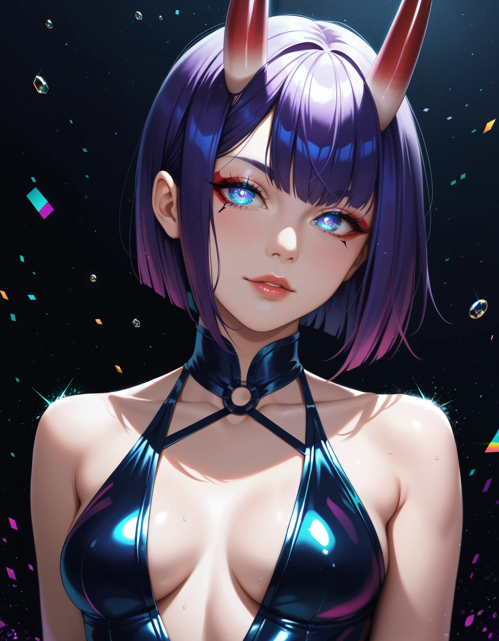 score_9,score_8_up,score_7_up, rating_safe, glitch, d1splaygl1tchl1nes, a glowing (triangle:1.1), 1girl, shuten douji \(fate\), cyborg, breasts, contrapposto, shiny, glamour, makeup, glossy, glowing eyes, anamorphic, head tilt, science fiction, head tilt, geometric, cyberpunk style (black background:0.8), particles, dust, lines, [:horns:0.4],violet hair,bangs,hair between eyes