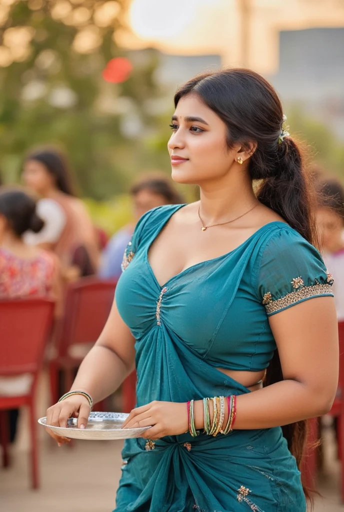 In a cozy, bustling café, an Indian girl stands poised as a waitress, holding a tray gracefully in one hand with a warm, welcoming smile. Her long hair is styled in a neat updo, and she’s dressed in a traditional blue blouse with short sleeves and a knotted front, paired with a matching draped bottom piece featuring an embellished waistband, lending a unique touch to her look. She wears delicate jewelry, including small gold earrings and colorful bangles, and has a small bindi on her forehead, adding a hint of traditional charm to her modern role. The café is lively, with patrons engaged in quiet conversations and the aroma of fresh coffee in the air. She weaves through the tables effortlessly, ready to serve with grace and warmth, enhancing the inviting atmosphere