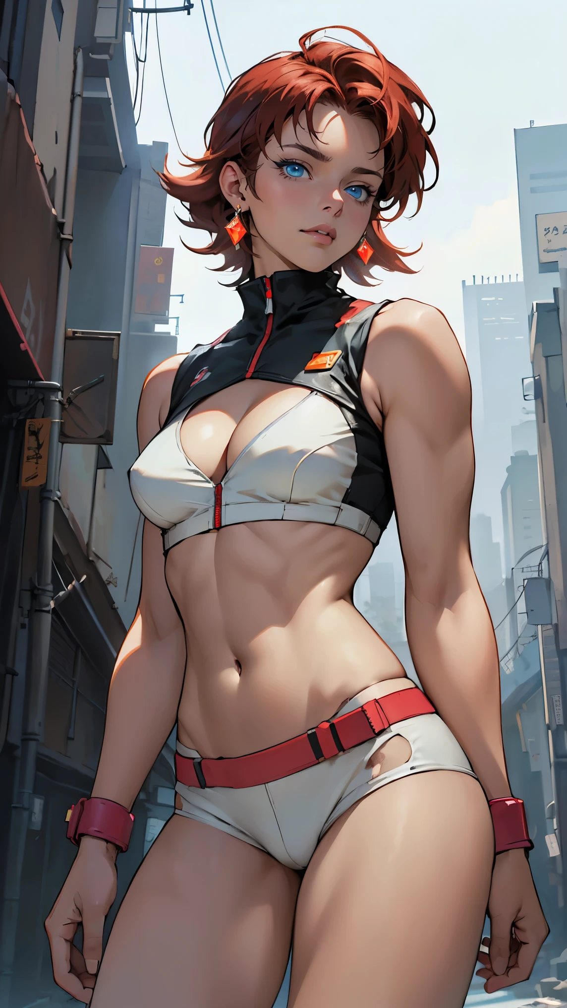 ((Masterpiece, highest quality; 1.3)), super quality, beautiful detail, super detailed, extra fine, 16K, exquisite, absurd, high resolution, beautiful background, detailed background, beautiful eyes, beautiful skin, anime style, dirtypairyuri, Dirty Pair Yuri in a skimpy white outfit, (short red hair), blue eyes, earrings, pale yellow uniform, bandana, pale yellow crop top, cutout, sleeveless, wearing tight clothing, skimpy, (breasts: 1.2), cleavage, cleavage, , obliques, fit arms, slim waist, ((wide hips)), fit thighs, (thigh gap), showing stomach, (skinny frame), wide hips, cyberpunk city background, holding a retro space gun
