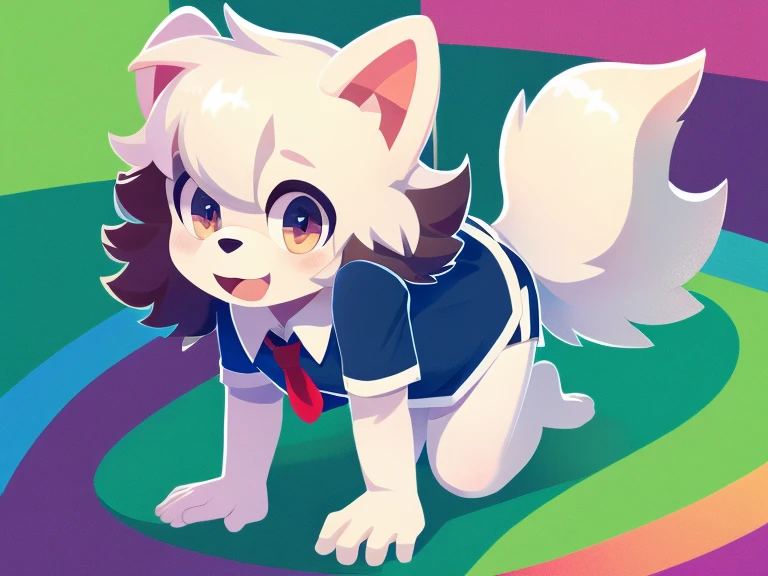 Colorful background, beautiful, very high quality, boy, cute white dog, thick hair, detailed body, school clothes 