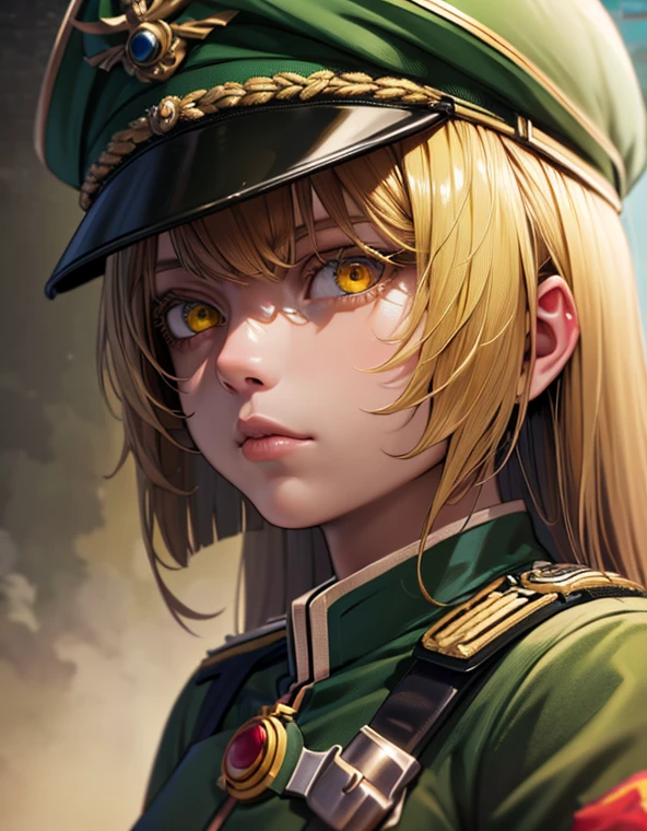  girl solo bags under the eyes, yellow eyes, bad girl 1girl, face,close shot of girl's face,pants,  military_uniform, cap, solo, uniform, epic realistic, faded,  art, (hdr:1.5), (muted colors:1.2), pastel, hyperdetailed, (artstation:1.5), dramatic light, (intricate details:1.2), vignette, complex background, rutkowski