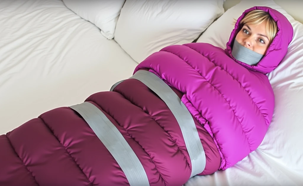        A 30-year-old woman is lying in her bedroom    ,     wrapped in nylon       , plump red sleeping bag     ,  Her whole body   ,    Except for her head   ,  ,  , ,  hidden by the thick fabric of her sleeping bag      ,   , , , a sleeping bag with a hood       , ,   The upper part of the sleeping bag is tightly tied with duct tape around the sleeping bag,   grey duct tape   ,  ,  ,  wrapped around her mouth         