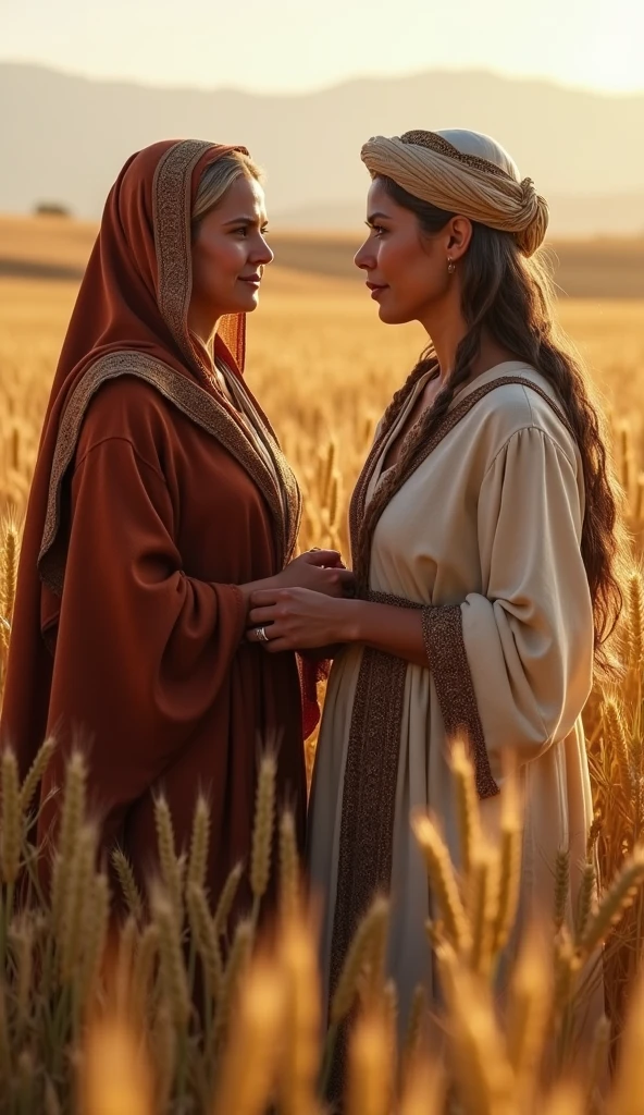 Image of the biblical characters Ruth and Noemi , Ruth at 30 years old and Noemi at 60 years old, Israelite women , wearing clothes common to the Old Testament period , that their faces have an expression of hope , and use a barley plantation as a background