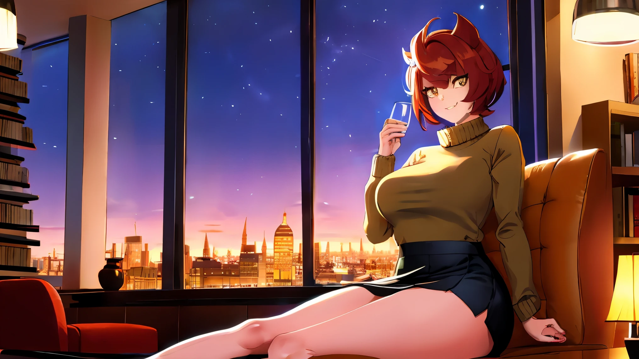 "A confident womanwith red aubrn short hair relaxing near the window of a chic library lounge, dressed in a cozy oversized beige sweater paired with a stylish mini skirt. The large glass window reveals a bustling cityscape glowing in the night, while soft warm lighting fills the room."