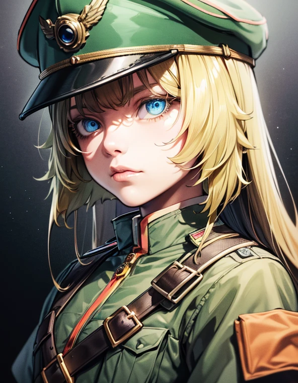 1girl, face,close shot of girl's face,pants,  military_uniform, cap, solo, uniform, epic realistic, faded,  art, (hdr:1.5), (muted colors:1.2), pastel, hyperdetailed, (artstation:1.5), dramatic light, (intricate details:1.2), vignette, complex background, rutkowski