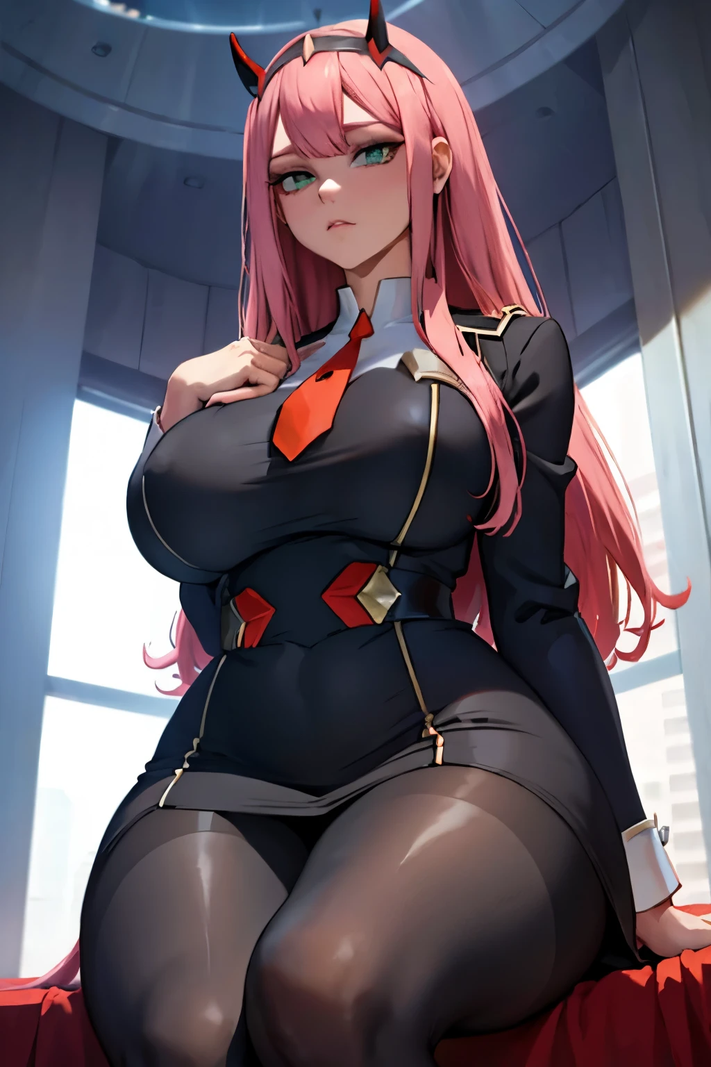 ((plump breasts)), (jambes grasses), ((skyscraper)), ((perfect hands)), ((glossy pantyhose)), (finely detailed eyes and detailed face:1.3), (extremely fine and beautiful:1.1), (Perfect details:1.1), Darling in the fanxx, Zero two, horns, hairband, long hair, pink hair, green eyes, orange necktie, military uniform, red dress, ((glossy black pantyhose)), (view from below), sitting